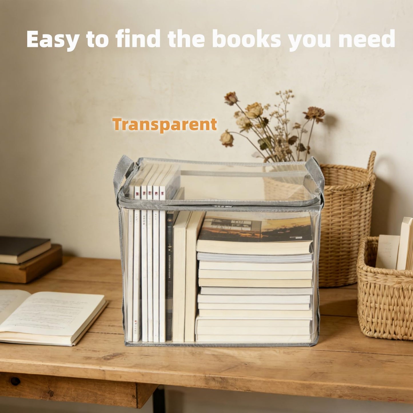 2-Pack Large Clear Book Storage Bags - Waterproof Plastic Comic Book Bin with Carrying Handles - Portable Book Display Case & Closet Organizer for Used Books, DVDs and Magazines - 15" x 9.5" x 12.5"