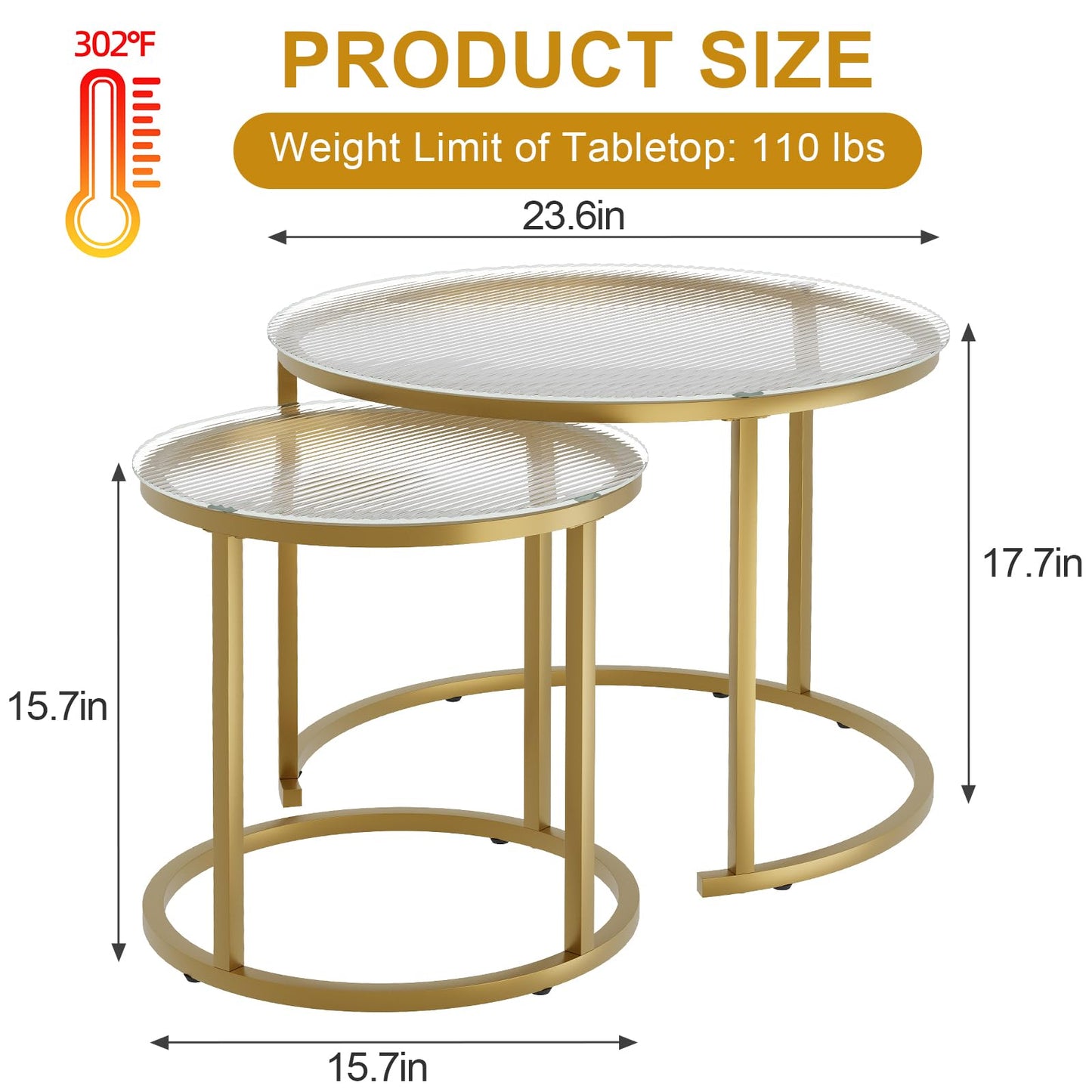 aboxoo Nesting Coffee Table Set of 2, Small Round Glass Nesting Tables for Living Room Bedroom, Accent Tea Table with Gold Metal Frame Modern Industrial Simple