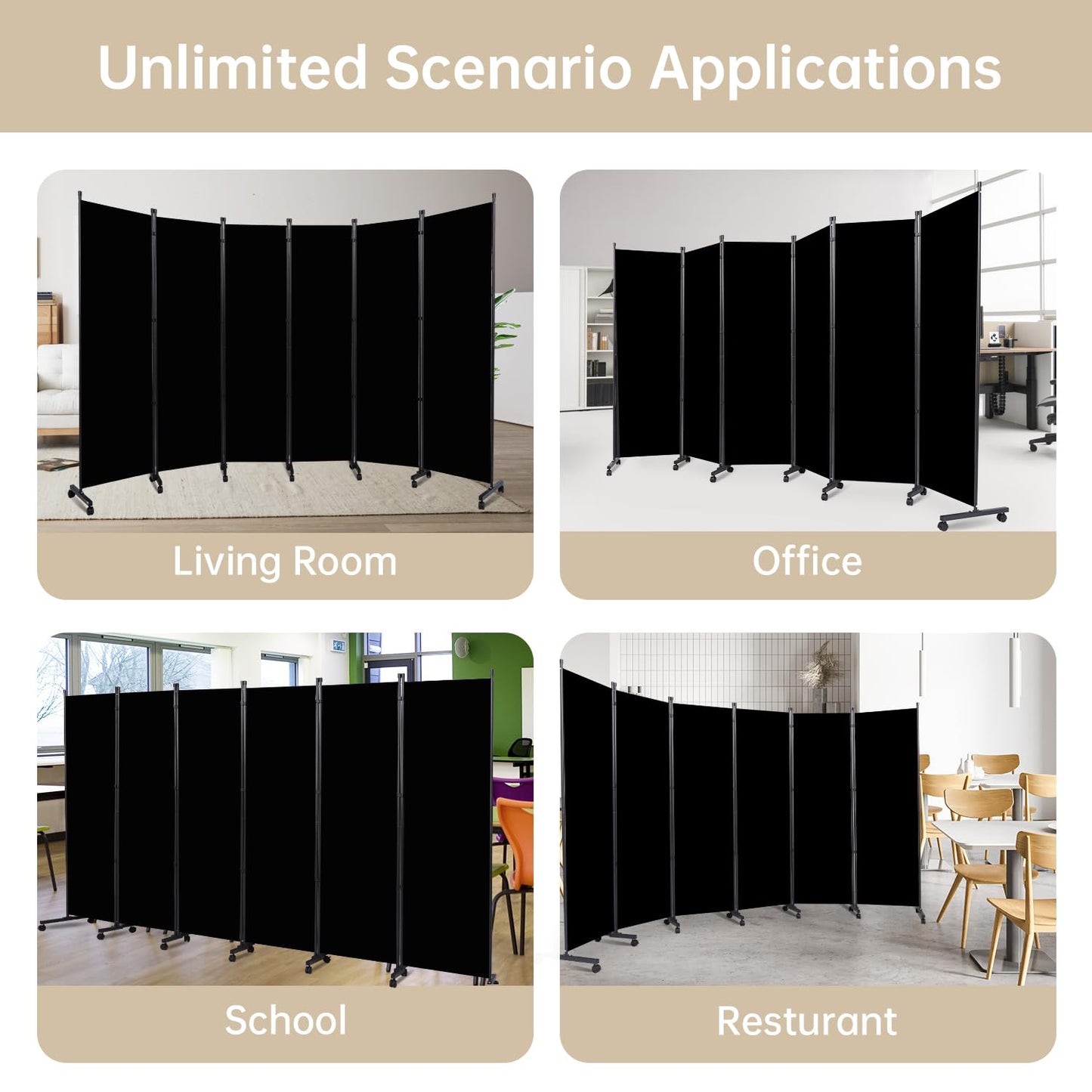Room Divider 6 Panel Room Dividers/Wheels, Fabric Room Divider Panel for Office Room Partitions and Dividers, Portable Partition Wall Divider for Room Separation, Freestanding Privacy Screen Indoor