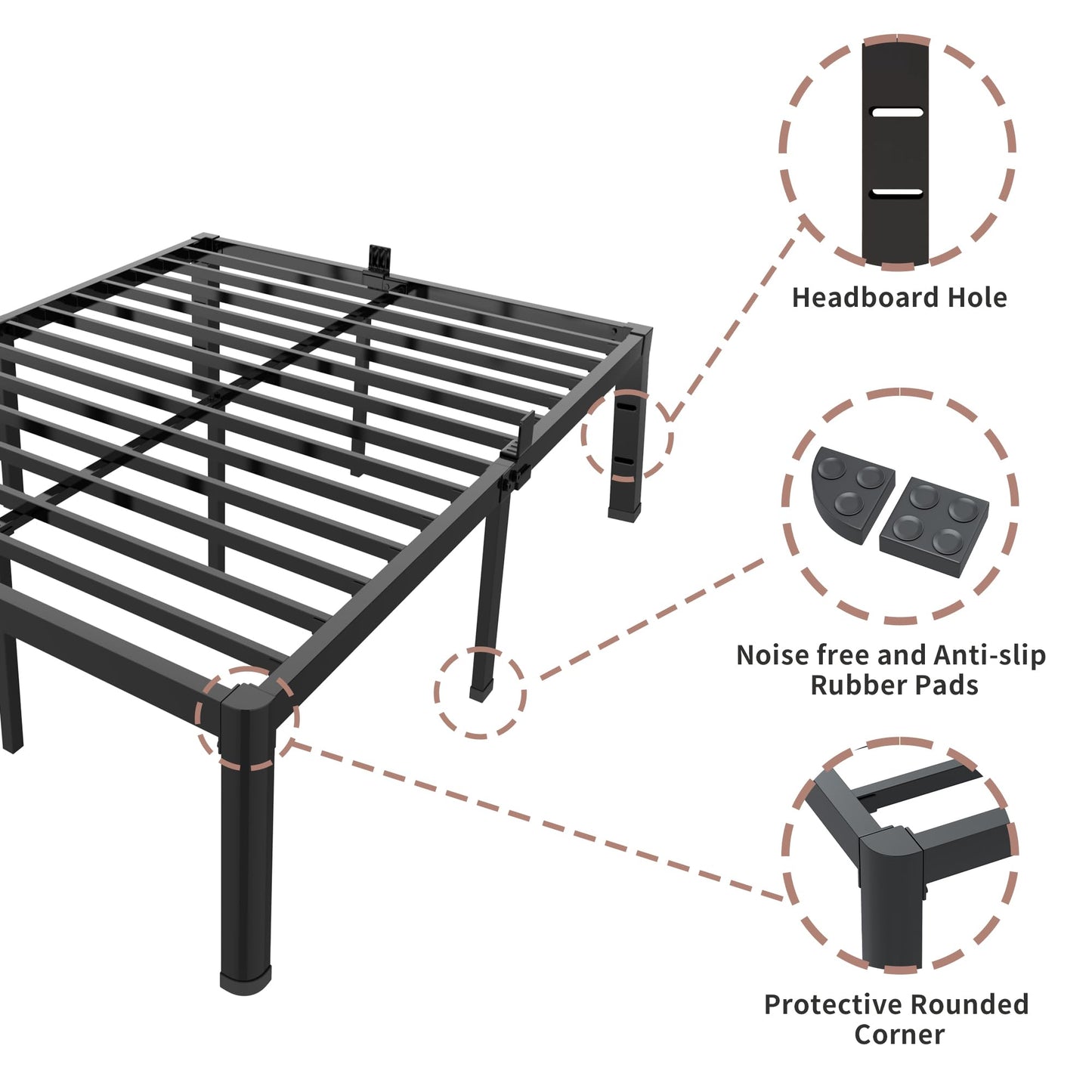 ROIL 12 inch Metal Queen Bed Frame with Rounded Corner and Headboard Hole Mattress Retainers 3500LBS Heavy Duty Steel Slats No Box Spring Needed Platform Noise-Free Easy Assemble