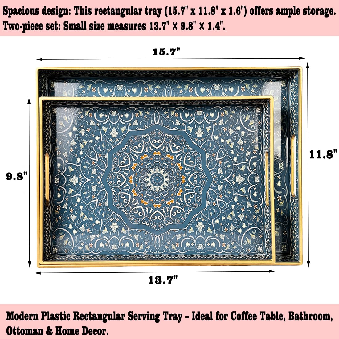 Umisriro Decorative Tray, Blue Serving Tray with Handles, Set of 2, Plastic Coffee Table Tray for Living Room, Ottoman, Bathroom, Kitchen, Decor, Large 15.7”*11.8”, Small 13.7"*9.8"