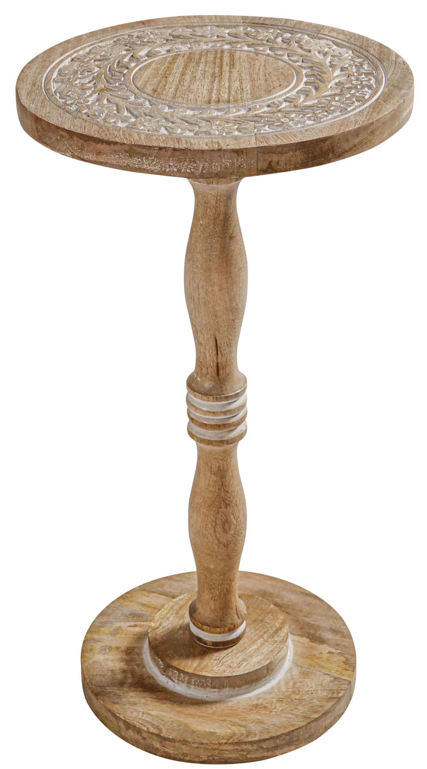 The Wooden Town Hand-Carved Solid Wood End Table - 12x22 White Wash Finish Accent Side Table for Living Room, Bedroom Nightstand, Small Pillar Table for Plants or Décor