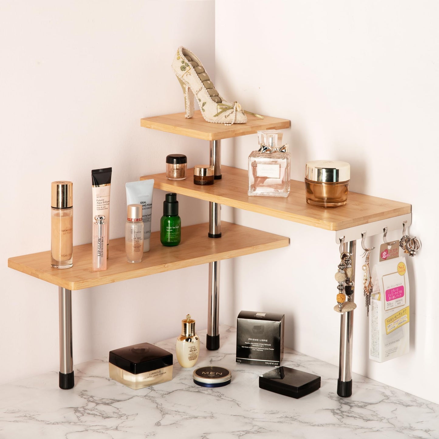 HYNAWIN 3-Tier Corner Shelf, Bamboo & Metal Storage Rack with Hooks, Adjustable Countertop Organizer for Kitchen, Bathroom, Bedroom or Office