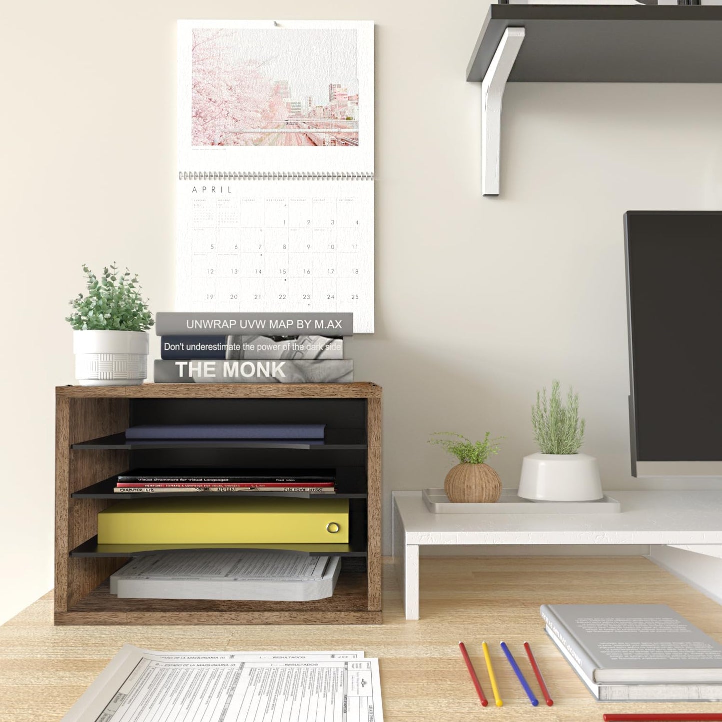 J JACKCUBE DESIGN Rustic Wood Desk Organizer 4 Compartment Paper File Holder for Home and Office, Document Storage, File sorter, Mail and Letter Tray- MK560A