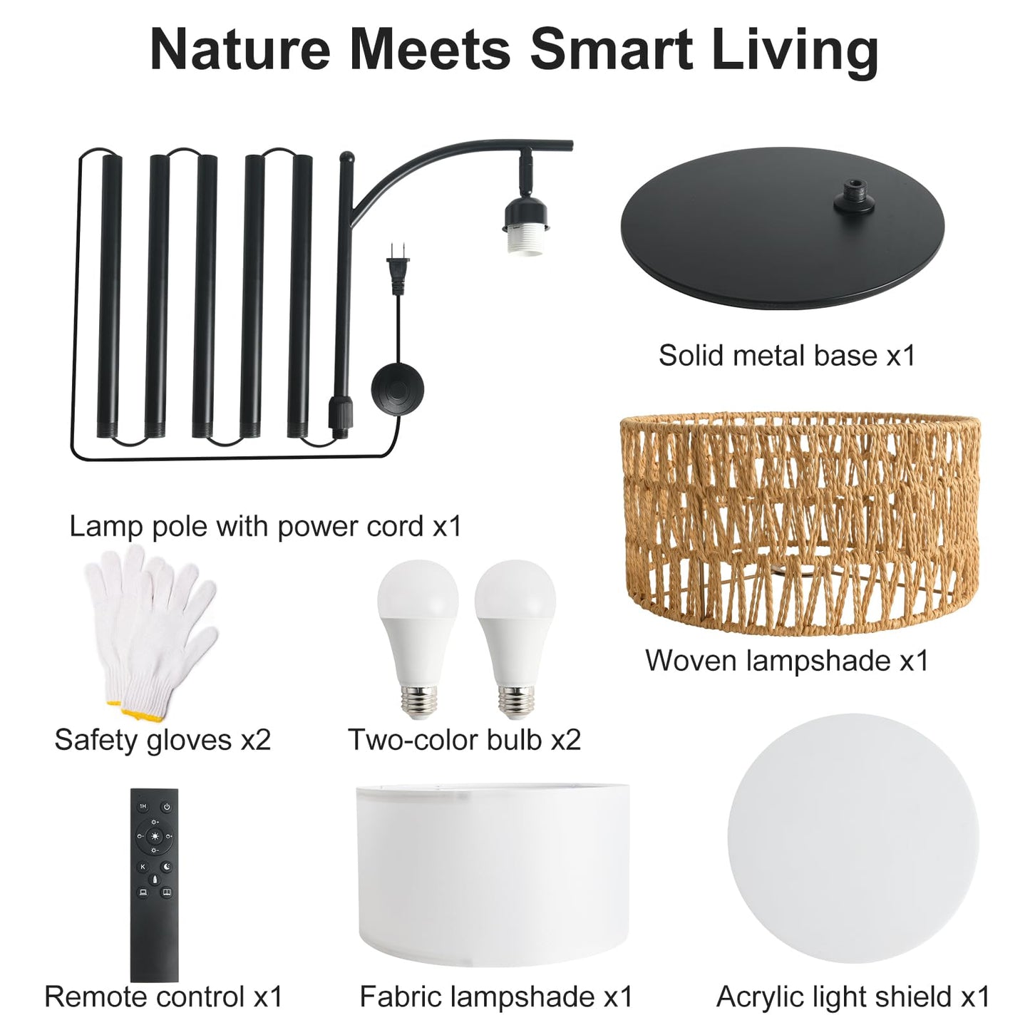 DRAWNCAT Rustic Black Farmhouse Floor Lamp with Woven Rattan Shade - 12W LED, Remote & Dimmable 3-Color Temp, Tall Standing Lamp for Living Room