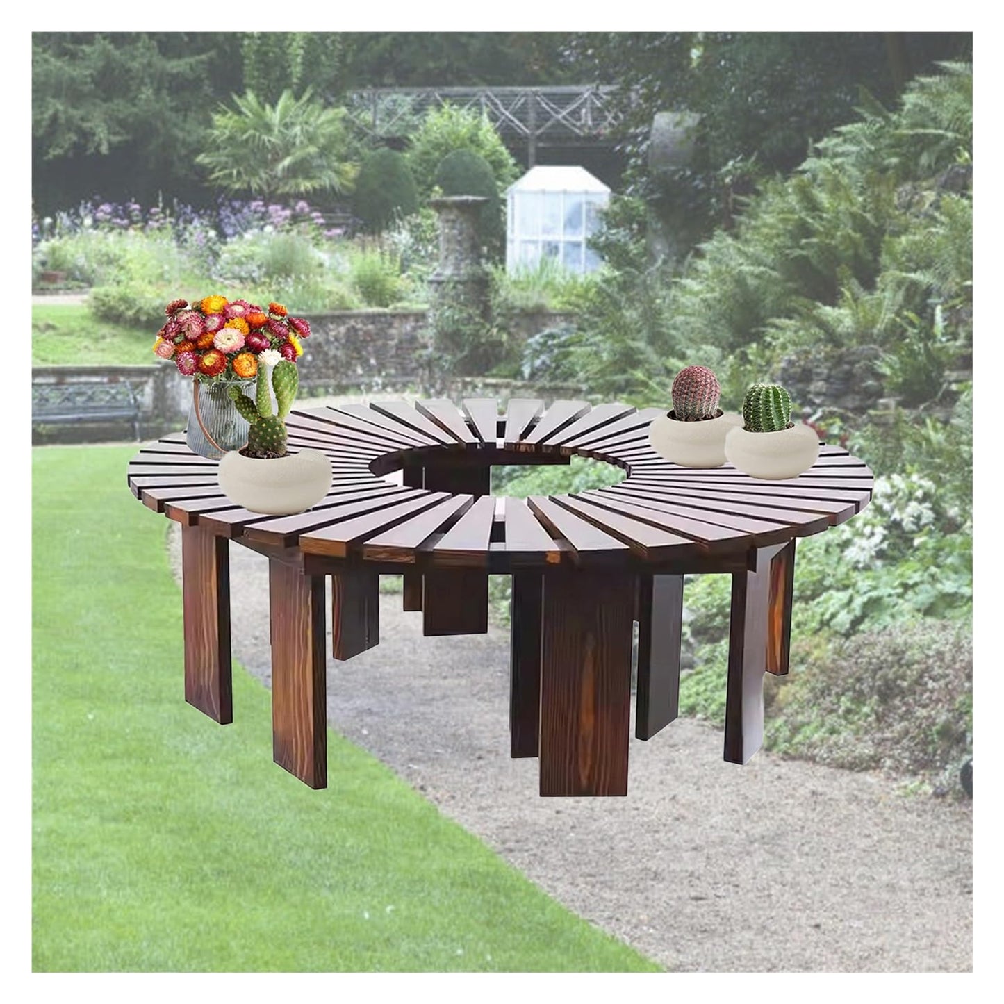 Semi-Circular Wooden Tree Bench, Fan-Shaped Outdoor Seating, Curved Patio Stool for Garden, Lawn, Poolside, Yard - Ideal for Relaxation and Gatherings