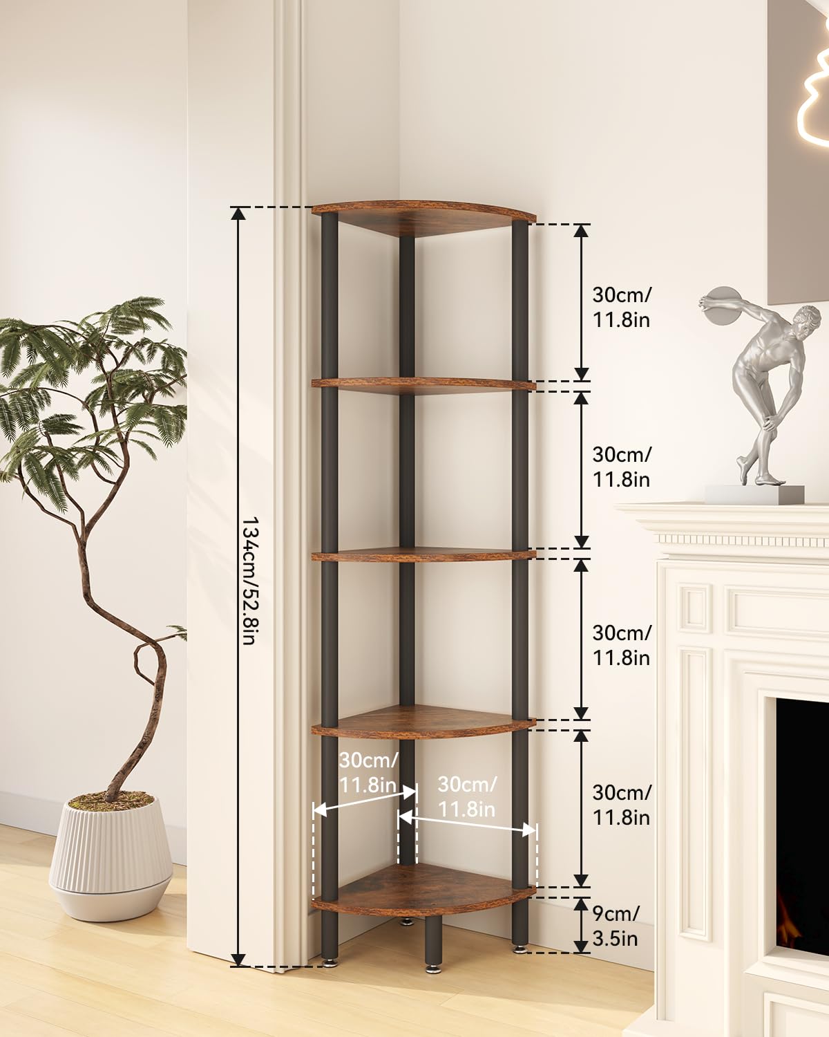 IBUYKE 5 Tier Corner Shelf Stand,Industrial Corner Display Rack,Corner Bookshelf for Living Room, Bedroom, Kitchen, Home Office, Brown WBC010H