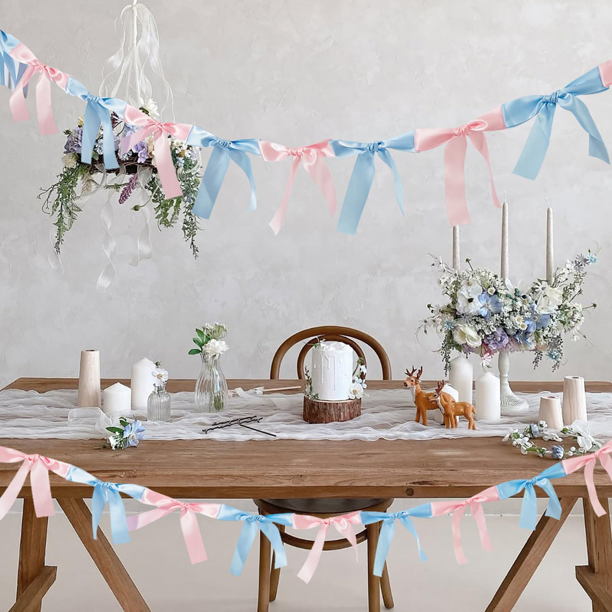 Eanjia Gender Reveal Bow Knot Garland |6ft Gender Reveal Party Decor with 3ft Extend Ribbon Pre-Assembled Satin Ribbon Banners with Baby Pink/Blue Bows Baby Shower No DIY Needed (Pink & Blue, 6ft)