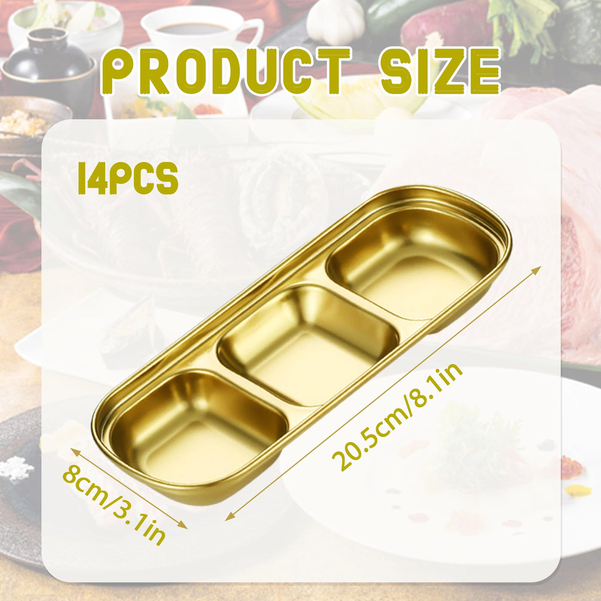 14 Pcs Soy Sauce Dish Stainless Steel Divided Dip Bowls Korean Sauce Plate Seasoning Dipping Condiment Tray for Sushi BBQ Vinegar Spice Salt Sugar Flavor Home Kitchen Restaurant (Gold, 3 Compartment)