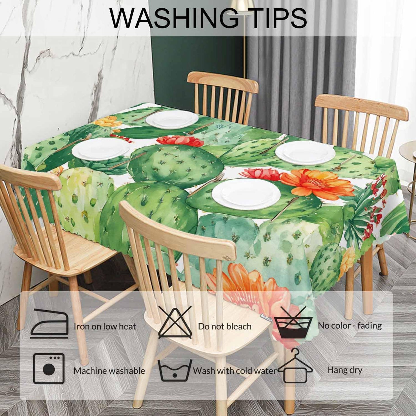 Beabes Cactus Green Rectangular Tablecloth 70" x 52" for Indoor & Outdoor Use, Polyester, Wrinkle Resistant, Fits Tables Seating 4-6