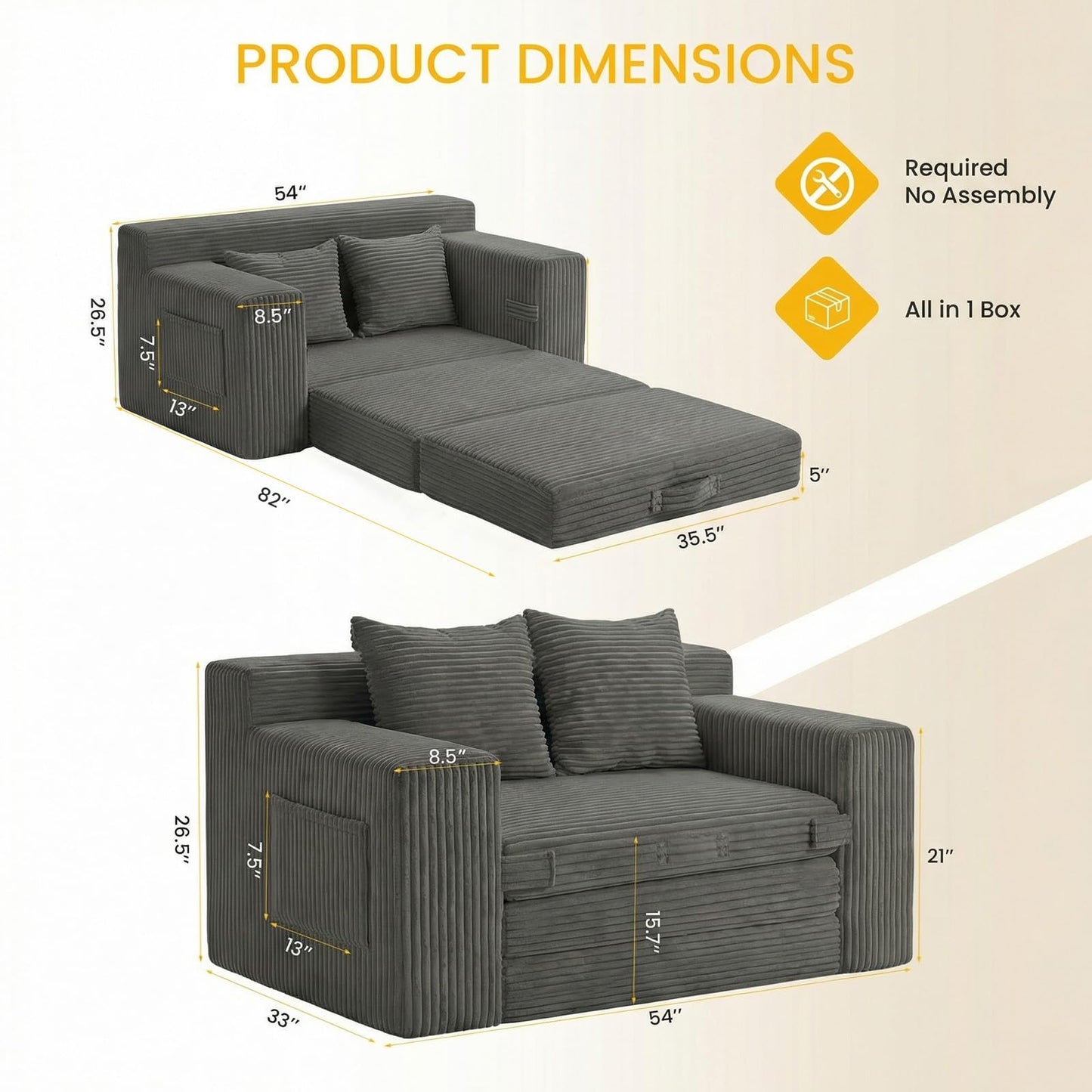 Boneless Couch,Boneless Loveseat Sleeper Sofa Bed – 3-in-1 Convertible Couch Bed with Side Pockets & Handle,Pull Out Corduroy Futon for Small Space,Living Room & Bedroom,2 Pillows Included,No Assembly