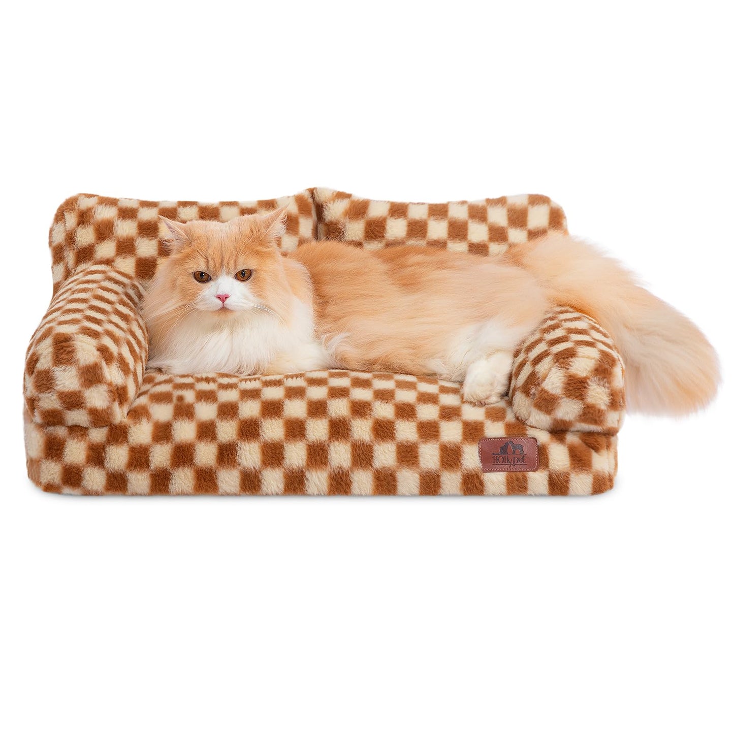 Hollypet Fluffy Dog Cat Bed Pet Couch Beds Plush Soft Warming Washable Puppy Bed for Small Medium Dogs and Large Cats, Brown and Light Yellow, 24" L x 18" W x 10" Th