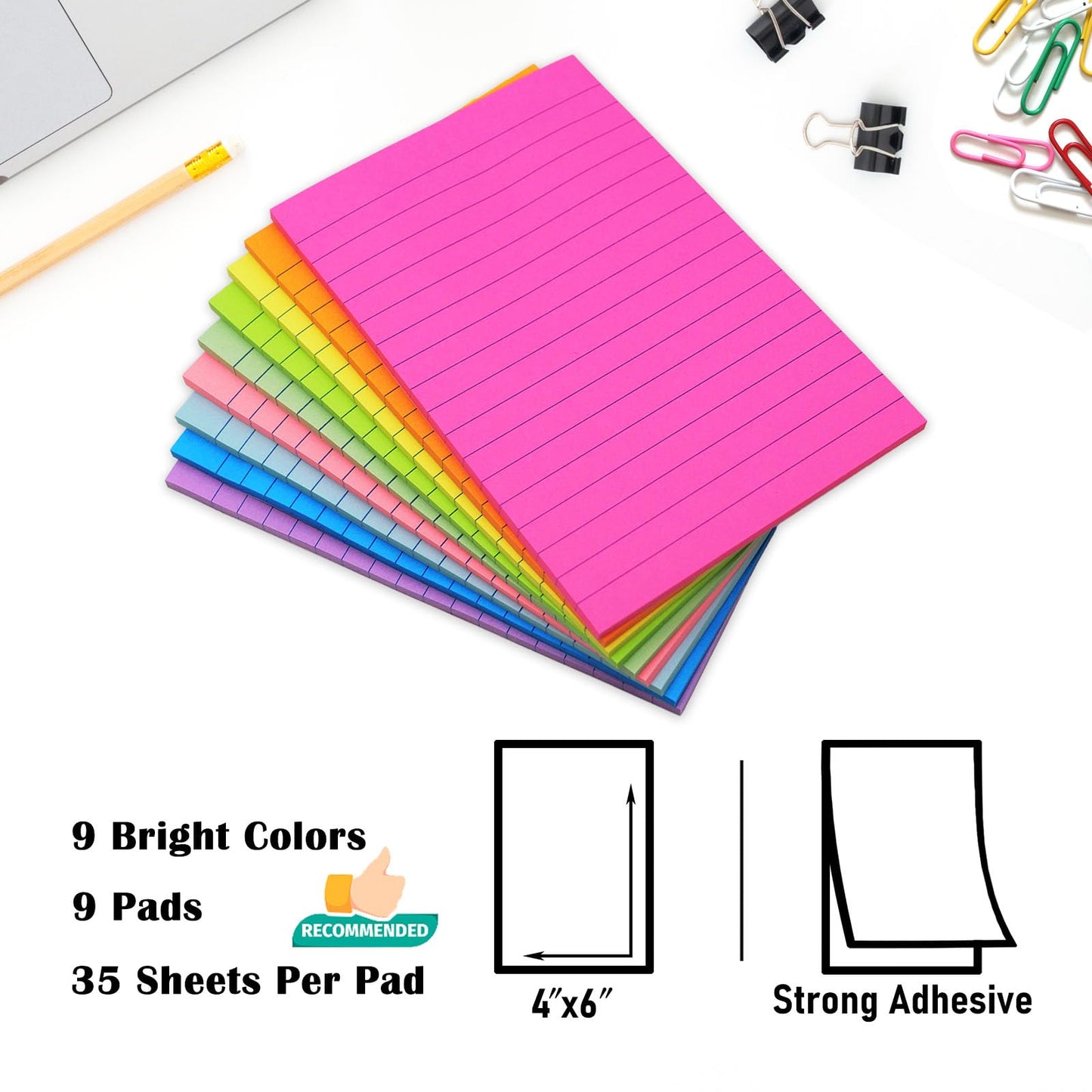 9 Pack Lined Sticky Notes 4x6 in Post Sticky Notes with Lines, 9 Bright Colors Self Sticky Notes Pad Its, Large Ruled Sticky Note for Office, Home, 35 Sheets/Pad