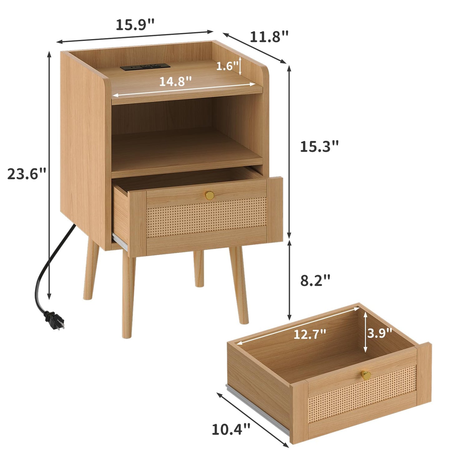 MECHYIN Night Stand Set 2, Nightstands Set of 2 with Charging Station, Rattan Side Tables with Solid Wood Legs, Boho Bedside End Table for Apartment Bedroom Dorm Small Space