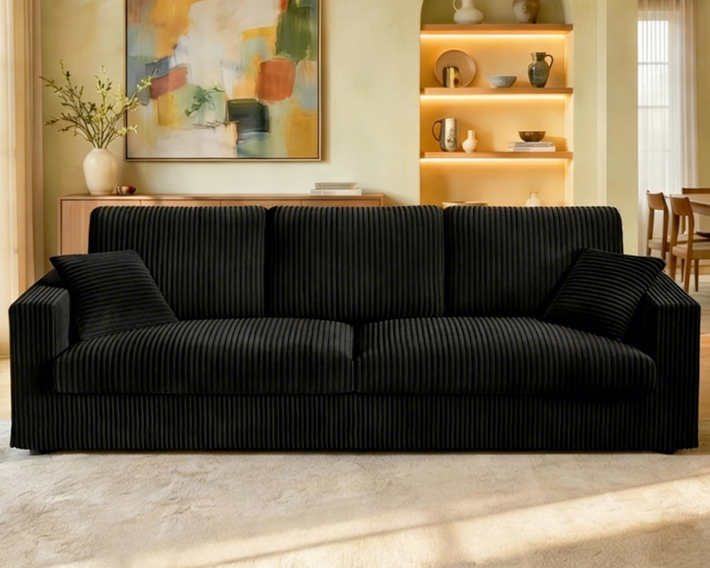 Welzona Plush Corduroy Couch, 101" Comfy Couches for Living Room, Tool-Free Setup Sofas for Living Room 6.3" Extra Wide Armrest, All-Wood Loveseat Sofa Couch for Bedroom/Office, 2 Pillows, Black
