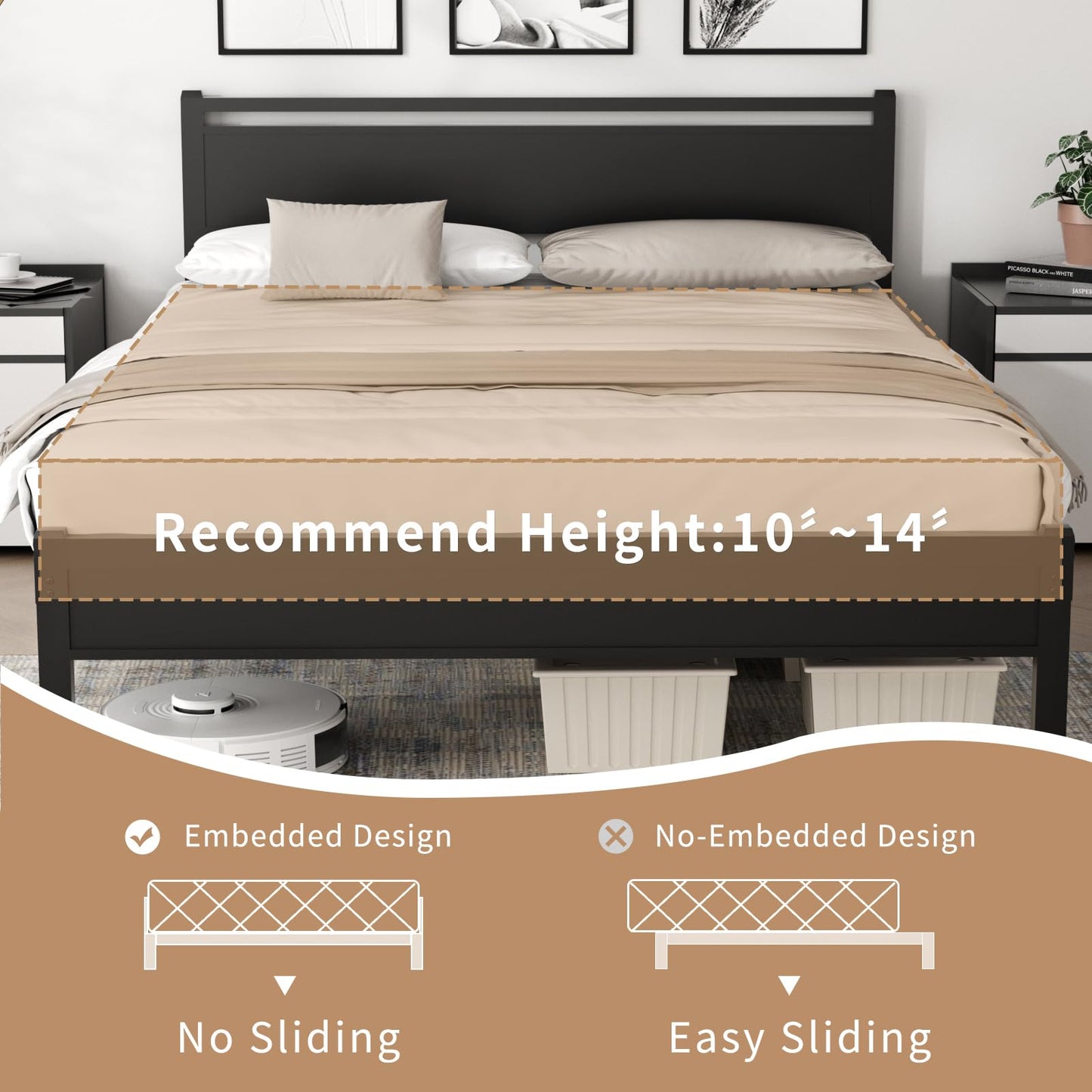 Easy Install 16 Inch Full Size Bed Frame,Metal Platform Bed Frame with Wooden Headboard and Footboard,Mattress Foundation,Large Under Bed Storage,No Box Spring Needed,Non-Slip Without Noise,Black