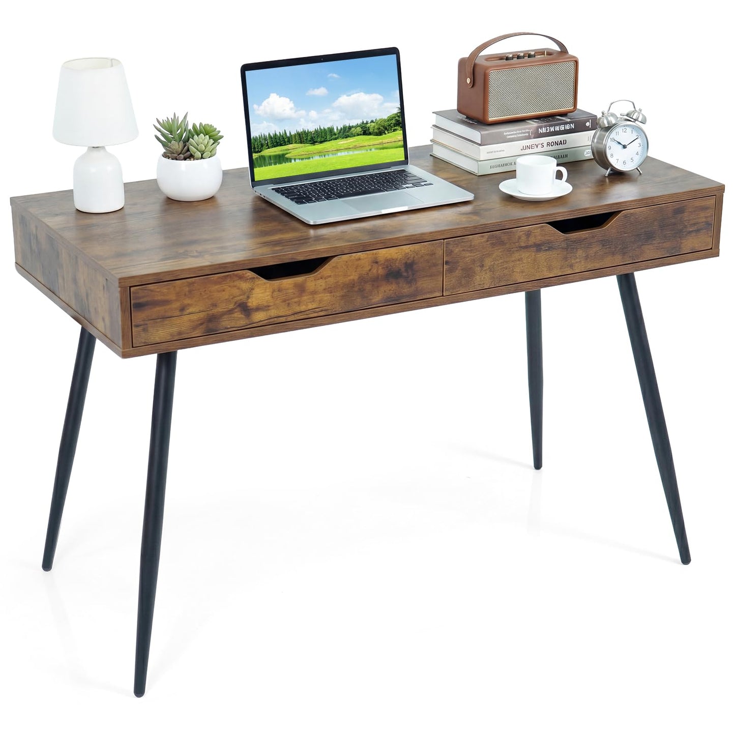 Tangkula Mid Century Desk with 2 Storage Drawers, Modern Writing Study Desk with Rubber Wood Legs, Versatile Home Office Study Desk for Small Space, Vanity Table for Bedroom (Rustic Brown)