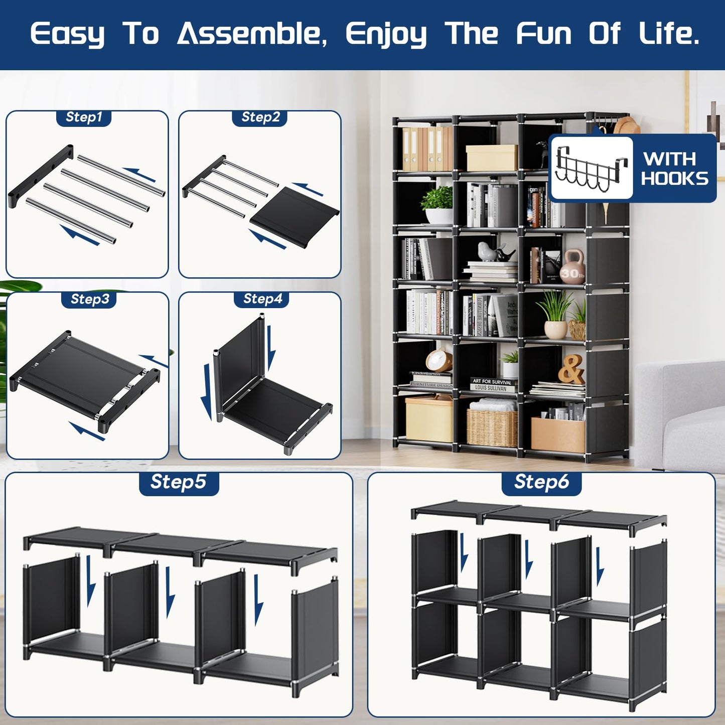 Mavivegue Book Shelf, 18 Cube Storage Organizer, DIY Bookcase, Metal Cube Bookshelf, Cubbies Closet Storage Organizer Shelves for Bedroom,Living Room,Home,Office