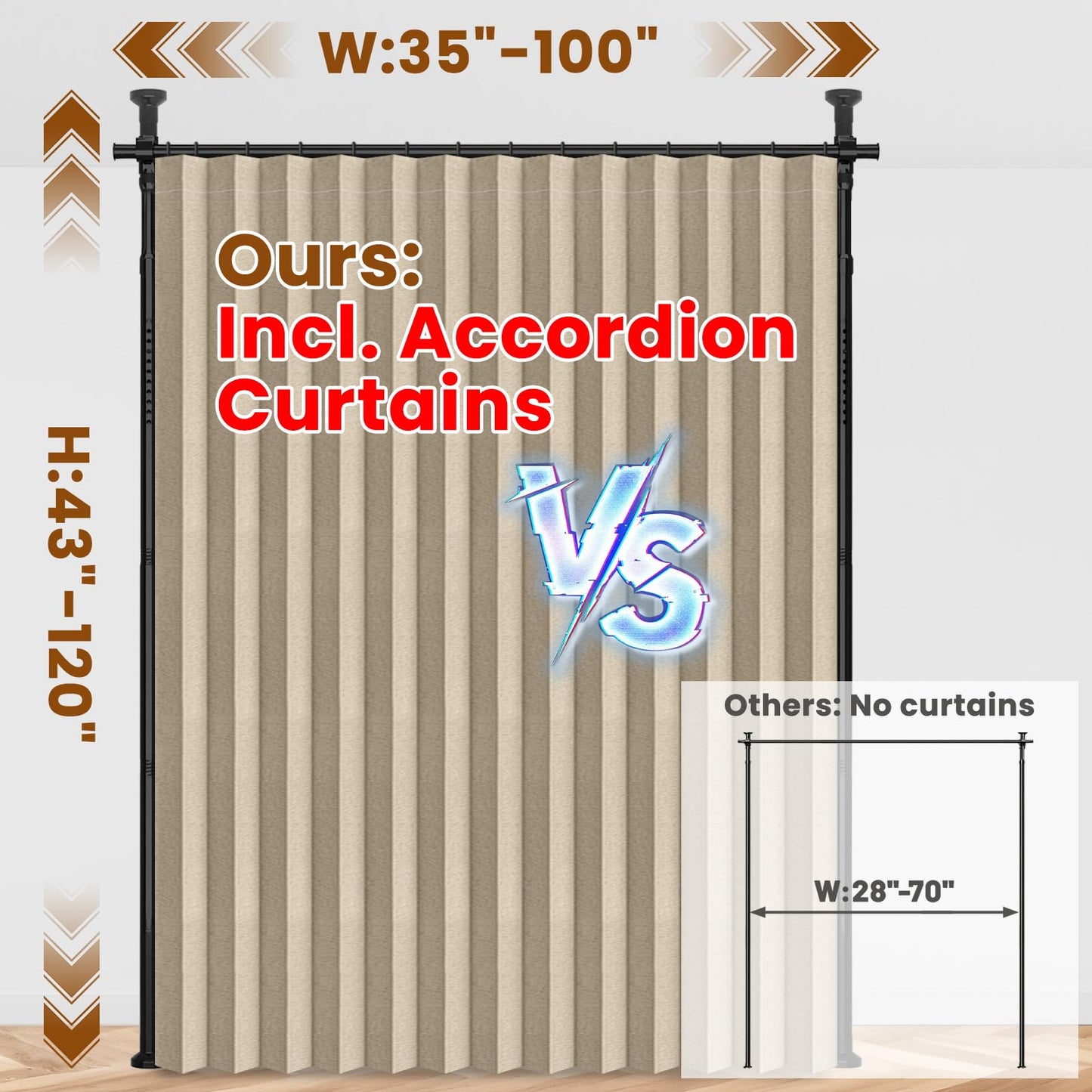 100% Blackout Room Divider Curtains Sets Beige W100 x L84 in,1 Panel Curtain Rods No Drilling Adjustable Tension (H) 43-120×(W) 35-100 in Room Wall Divider for Apartment/Dorm
