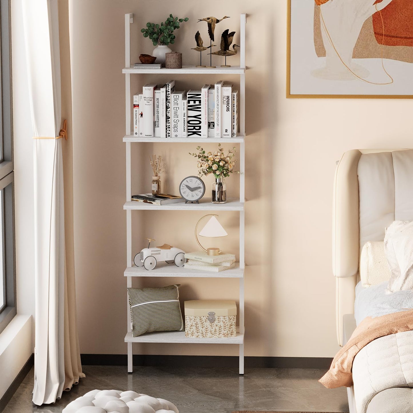 aboxoo Ladder Shelf White Wooden Bookshelf 5-Tier Wall-Mounted Open Wood Rack Industrial Modern Plant Flower Stand Utility Organizer Bookcase Metal Frame Furniture Office Kitchen Bedroom