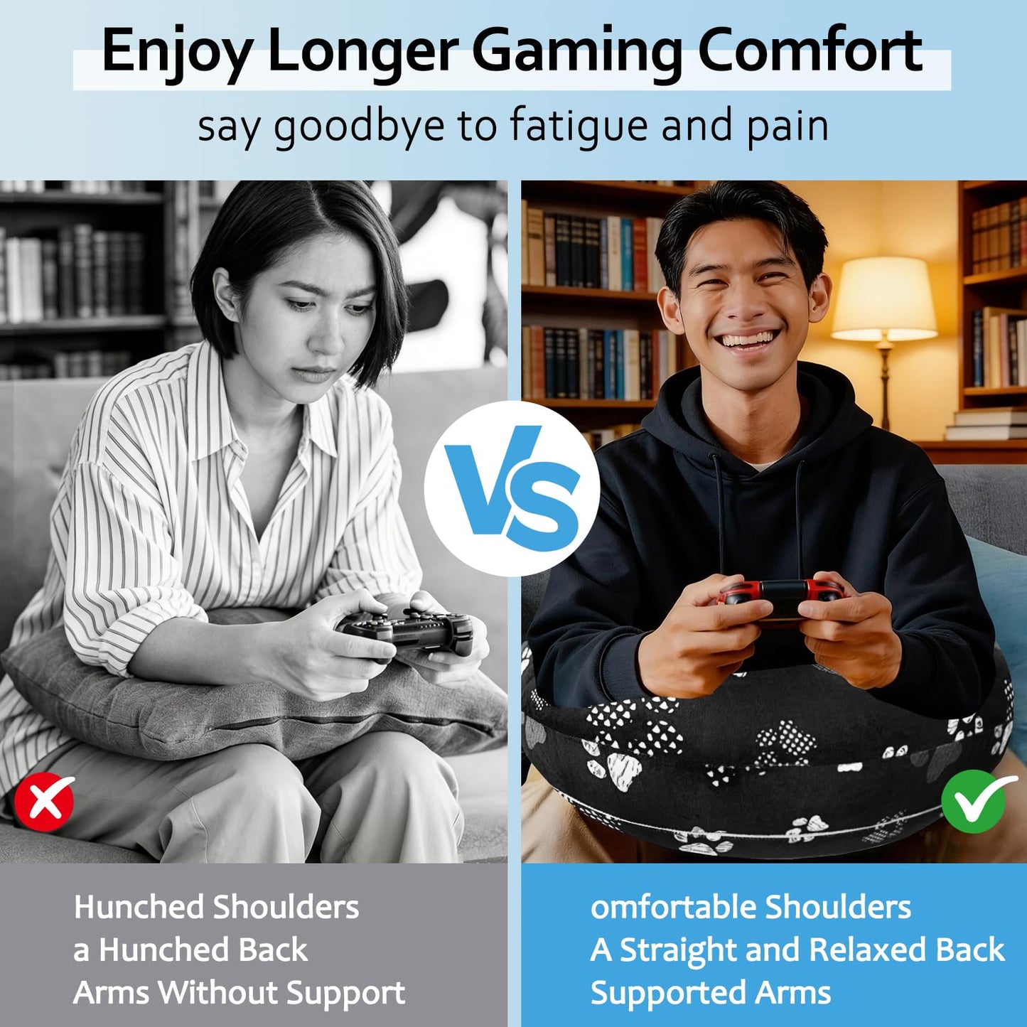 Crafting Pillow for Crocheting, Crochet Pillow for Lap Support, Fun Print Styles, Ergonomic Arm Support, For Bed, Floor, Chair Comfort, Pain Relief and Fatigue for Gaming and Woking (Black Cat Paws)