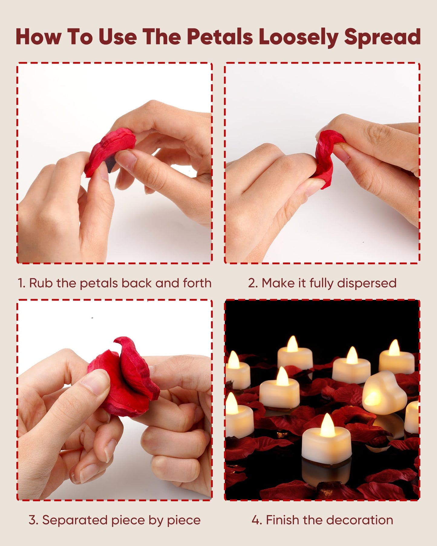 Amagic 4000 Pieces Artificial Rose Petals with 50 Heart LED Tea Lights Candles Kit, Rose Petals and Candles Set for Proposal, Anniversary, Special Romantic Night, Wedding Table Decor