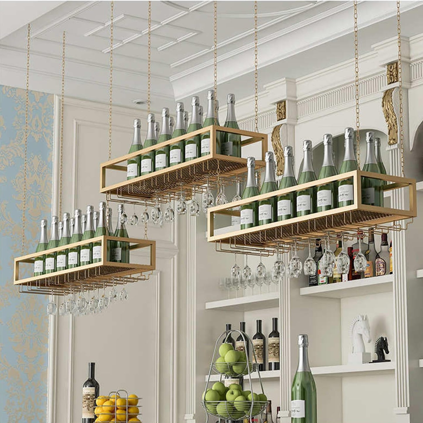 GFRWKCEX Hanging Wine Rack, Metal Ceiling Mounted Suspended Wine Glass Holder, Wall Wine Stand for Wine Bottles for Restaurant Cafe Kitchen, Floating Wine Storage Shelf(80x25x20cm)