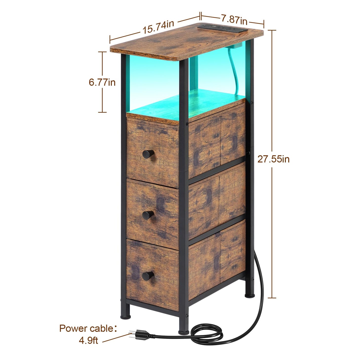 LOAKEKEL Narrow End Table Living Room with Charging Station, Skinny Side Table with Fabric Drawers, Slim LED Nightstand for Bedroom, Small Spaces, Couch, Rustic Brown, HETNDP03LPBR-1