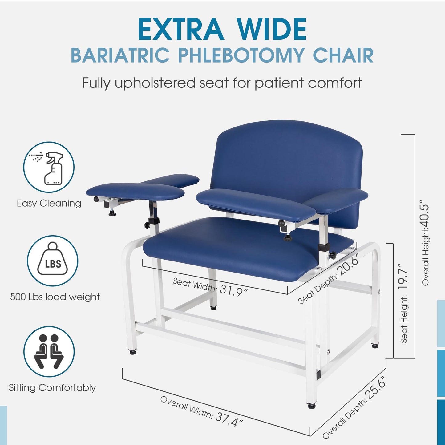 COOLWAVE Extra Thick Padded Bariatric Phlebotomy Chair with Arms Blue