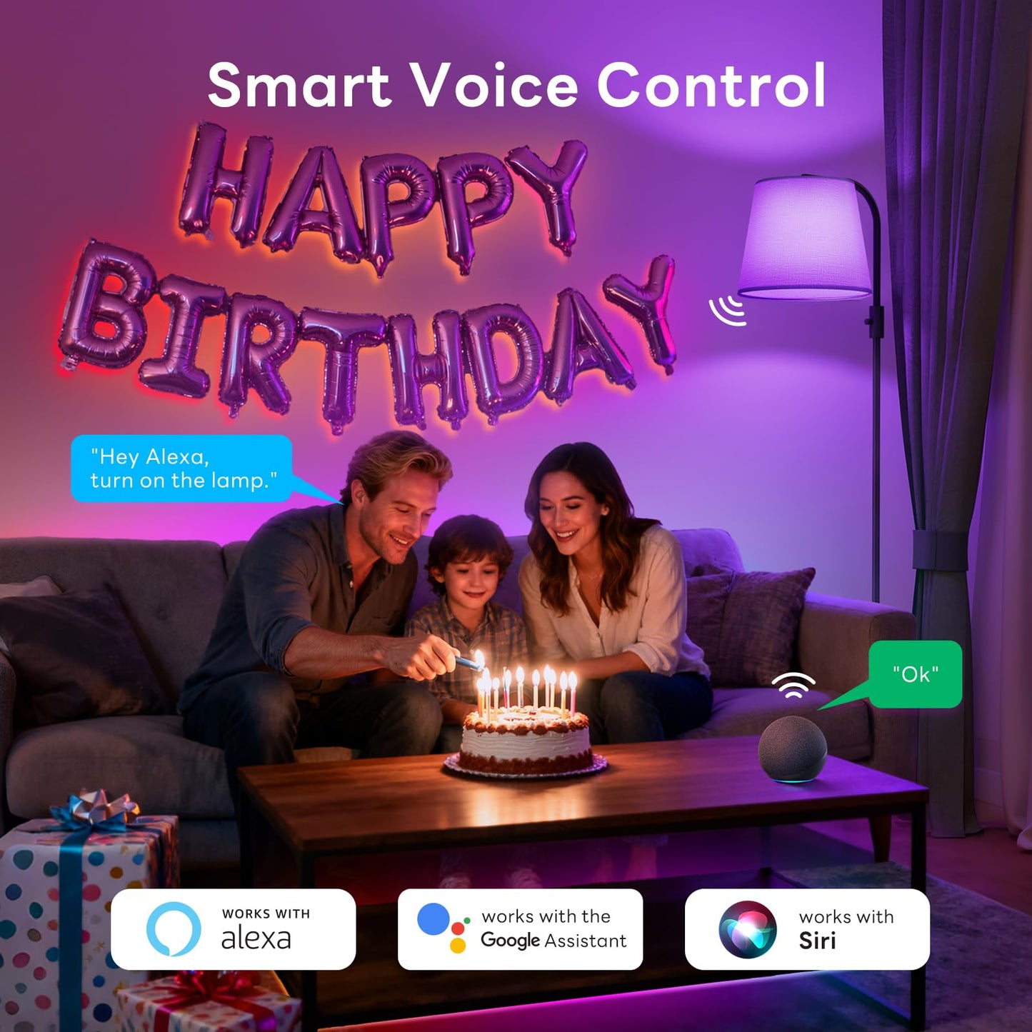 VARICART Smart Arc Floor Lamp, 65" Compatible with Alexa & App Control, RGB Color-Changing & 2700K-6000K, 1%-100% Dimmable, Music Sync, 1200lm, 350° Swivel Woven Linen Shade, No Registration Required