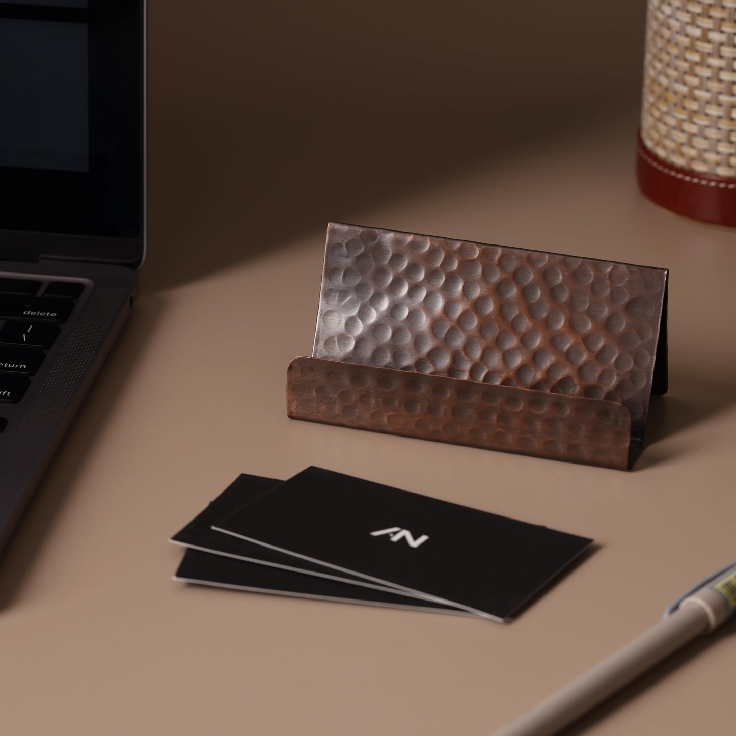 GoCraft Pure Copper Business Card Holder Stand – Antique Finish, Holds 20-30 Cards, Stylish Desk Organizer for Office, Home, Professional Use, Elegant Business Card Display Holder