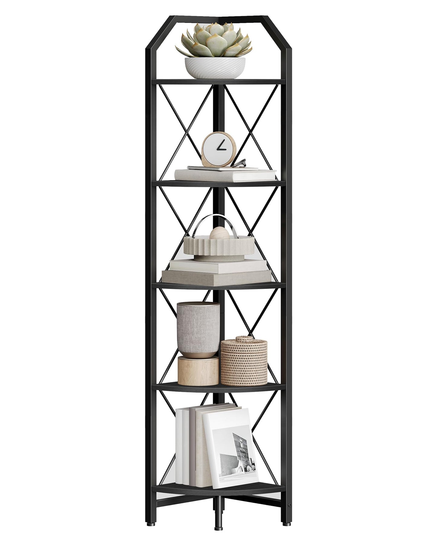 CHOEZON 5-Tier Corner Shelf, Industrial Corner Bookshelf, 59.4" Corner Storage Stand, Plant Stand Display Shelf, Corner Bookcase for Bedroom, Living Room, Home Office, Black TCJ10BB