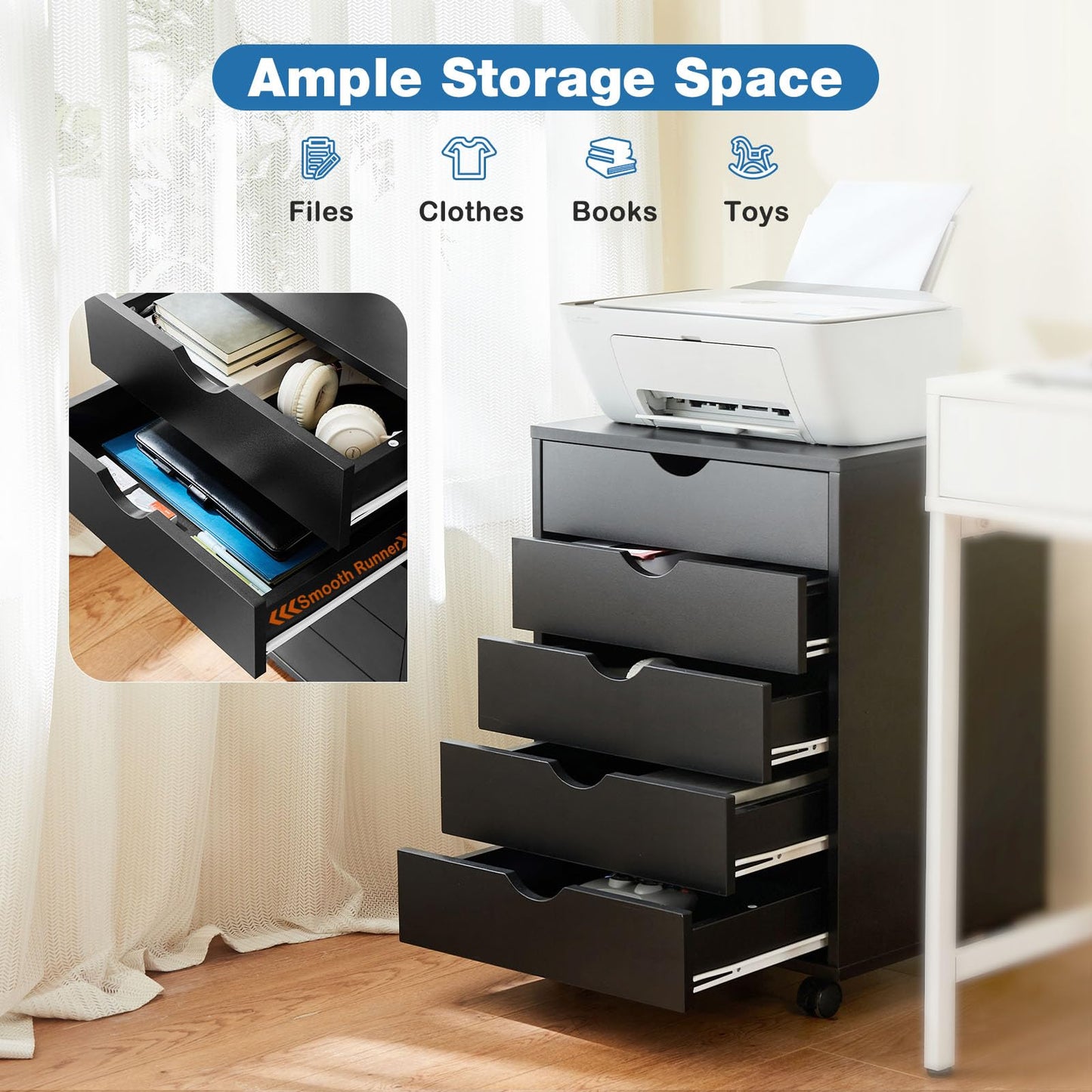 OLIXIS 5 Drawer Mobile File Cabinet Under Desk Storage Organization with Wheels Vertical Filing Chest Rolling Wood Small Desk Printer Stand for Home Office, 15.75"D x 18.74"W x 25.39"H, Black