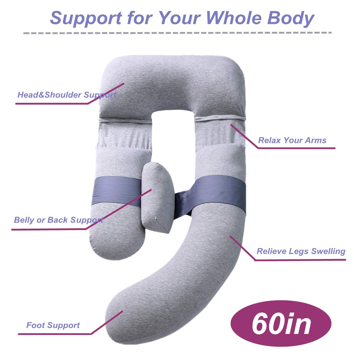 MOON PINE 60 Inch Pregnancy Pillow, Detachable U Shaped Full Body Pillow, Nursing and Maternity Pillow for Back, Hips, Legs and Belly Support for Pregnant Women with Removable Cover (Blue Grey)
