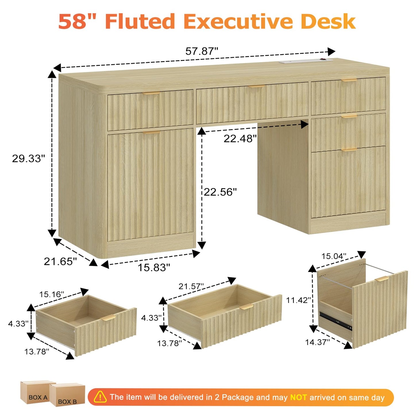 58" Fluted Executive Desk with Storage & Charging Station, Wood Modern Home Office Desk with 4 Drawers, 1 File Cabinet, 1 storage Cabinet, Computer Writing Desk for Work, Living Room, Bedroom, Natural