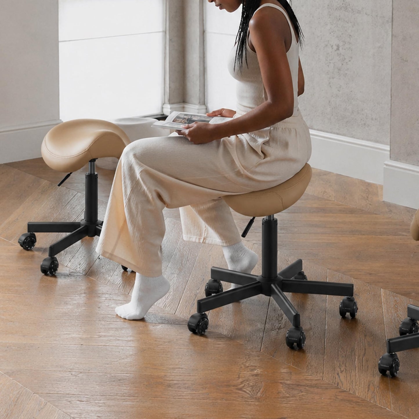 DR.LOMILOMI Haku 506 Series Ergonomic Saddle Stool, Adjustable Pneumatic Swivel Rolling Stool with Wheels for Salon, Medical, Spa, Tattoo, Home and Office, Tan