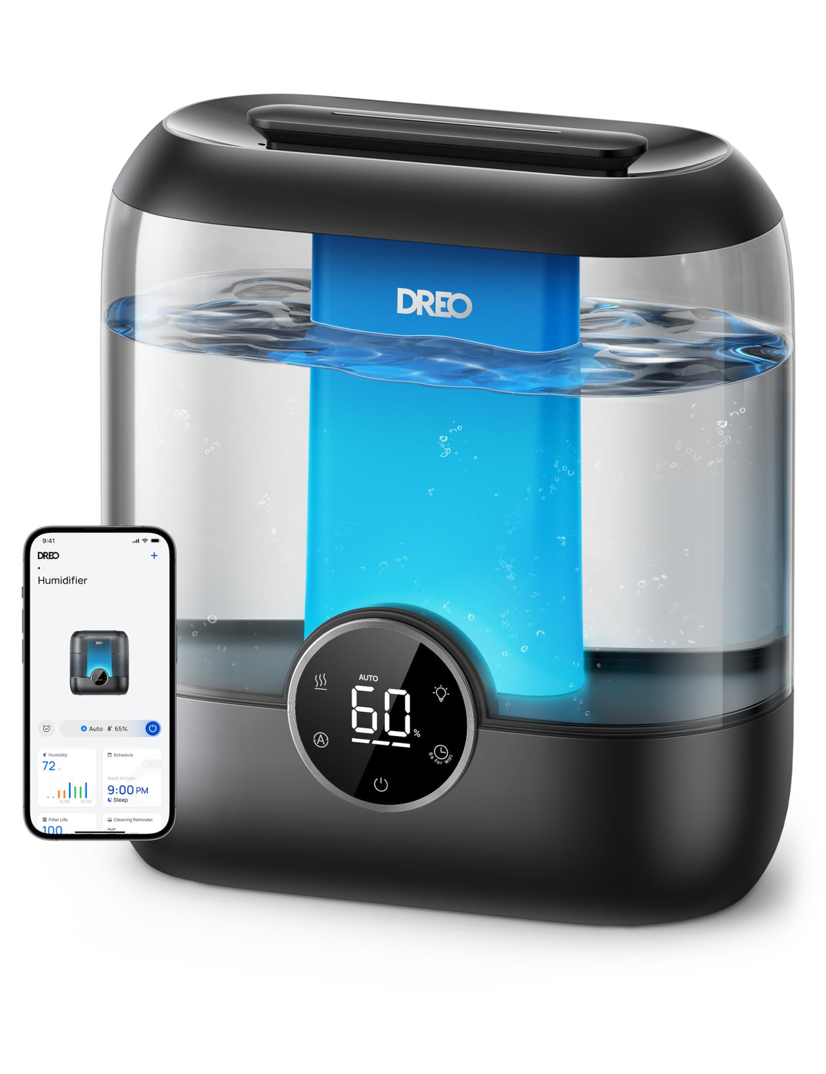 DREO Smart Humidifiers for Bedroom, 6L Top Fill Supersized Cool Mist Humidifier for Large Room, 60 Hour Runtime, Quiet Ultrasonic Humidifier for Plants, Indoor, Home, Night Light, Black
