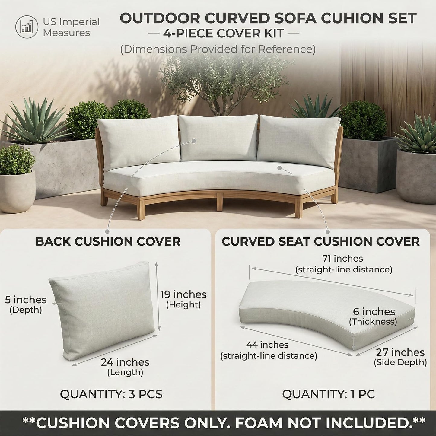 SWFEMWS Outdoor Curved Sofa Cushion Covers, 4-Piece Replacement Slipcovers for Half-Moon Wicker Sectional, UV-Protected Water Repellent Patio Furniture Covers (Cover Only) (White, A-Size)