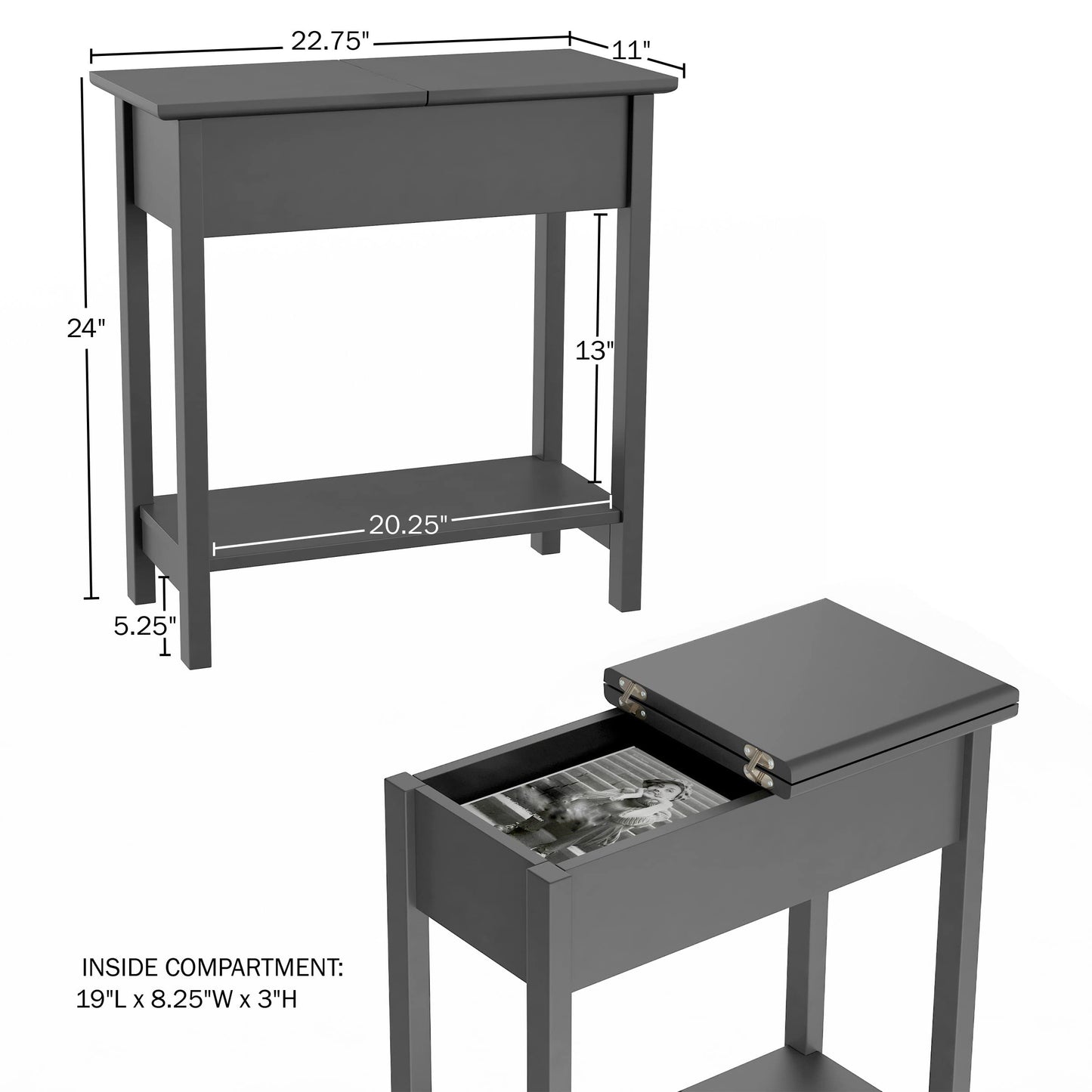 Lavish Home Flip Top End Table – Set of 2 Living Room End Tables with Hidden Hinged Storage Compartment and Lower Shelf (Gray)