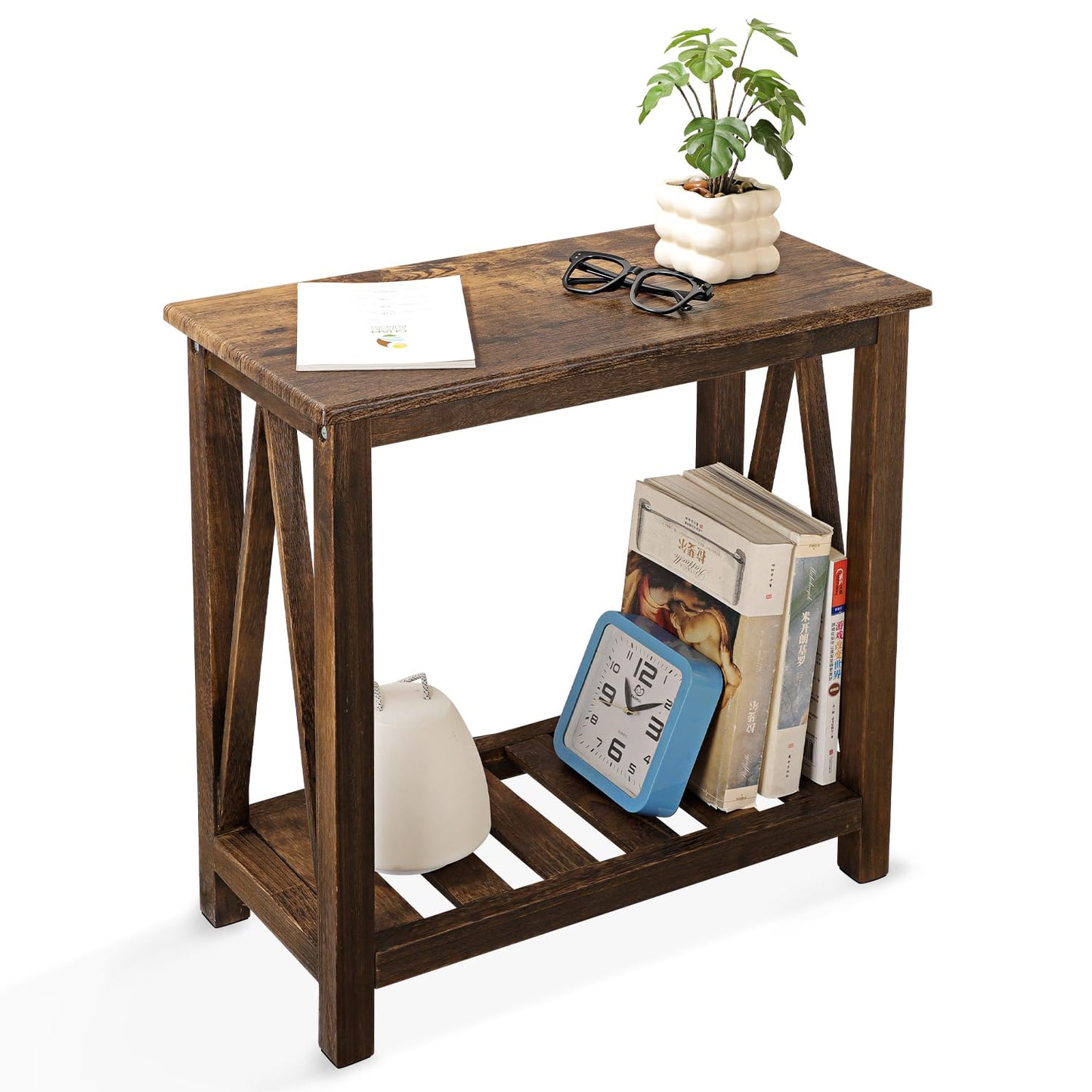 FEUFOAM End Side Table with Storage Shelf Rectangle Narrow Nightstand Console Tables Brown Smooth End Table for Small Spaces Industrial Accent Side Table for Living Room Bathroom Bedroom