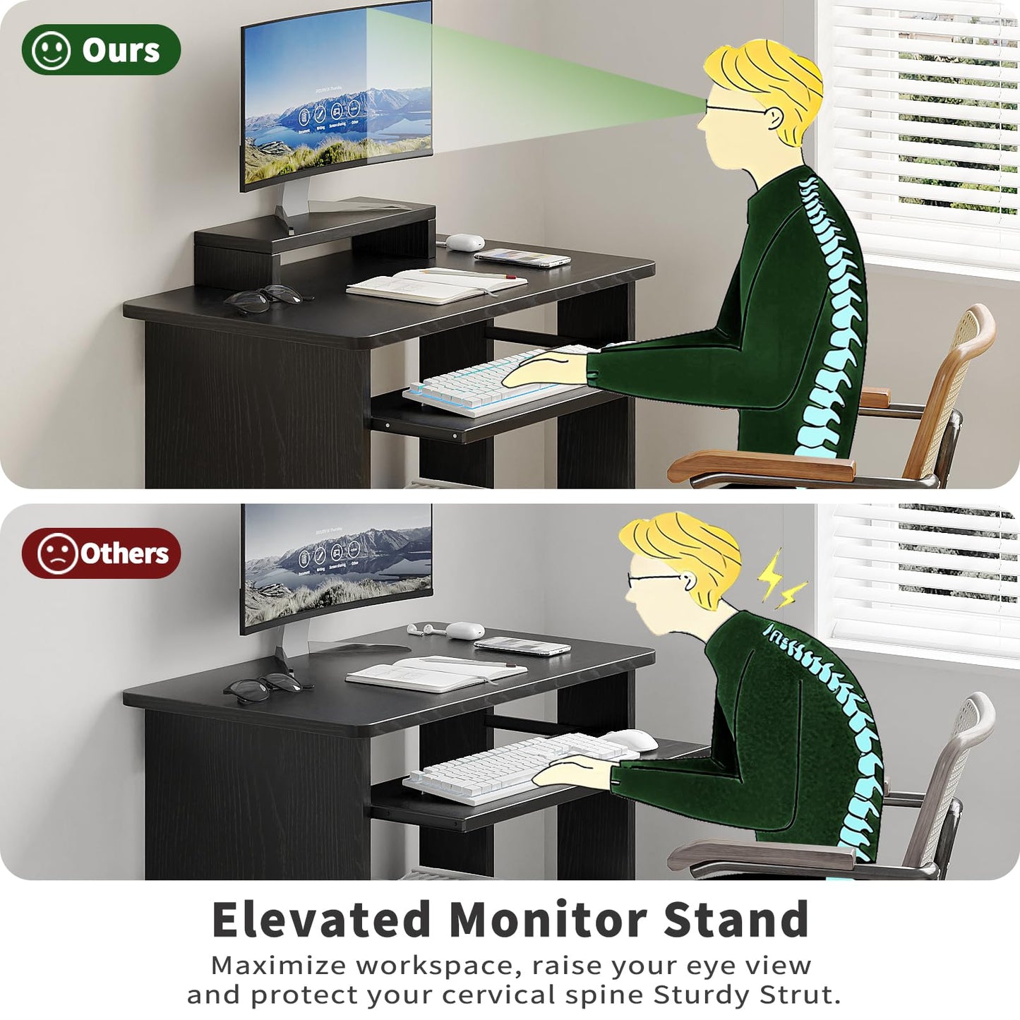 ALISENED 30" Small Computer Desk with Keyboard Tray Monitor Stand, Study Writing Desk with Storage Shelves, Modern Workstation for Small Spaces, Save Space, Black A