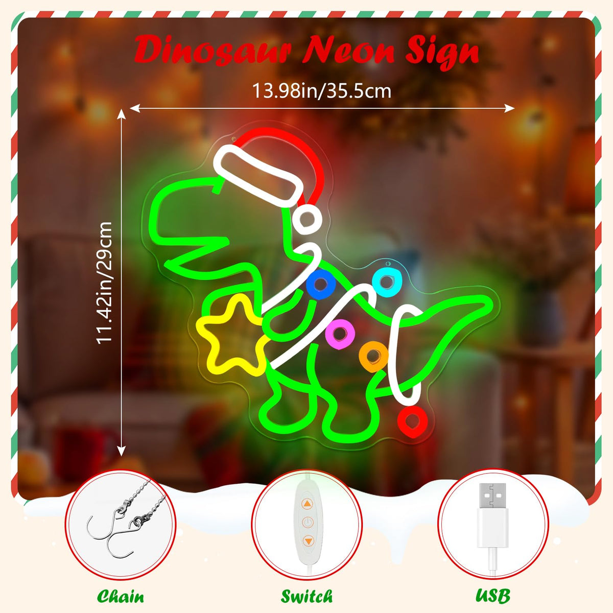 Jeanchrl Christmas Dinosaur Neon Sign Green Dinosaur Ornament LED Sign for Kids Bedroom Dimmable Dino Christmas Light Up Sign for Tree Windows Game Room Unique Neon Wall Art Decorations Gifts for Teens