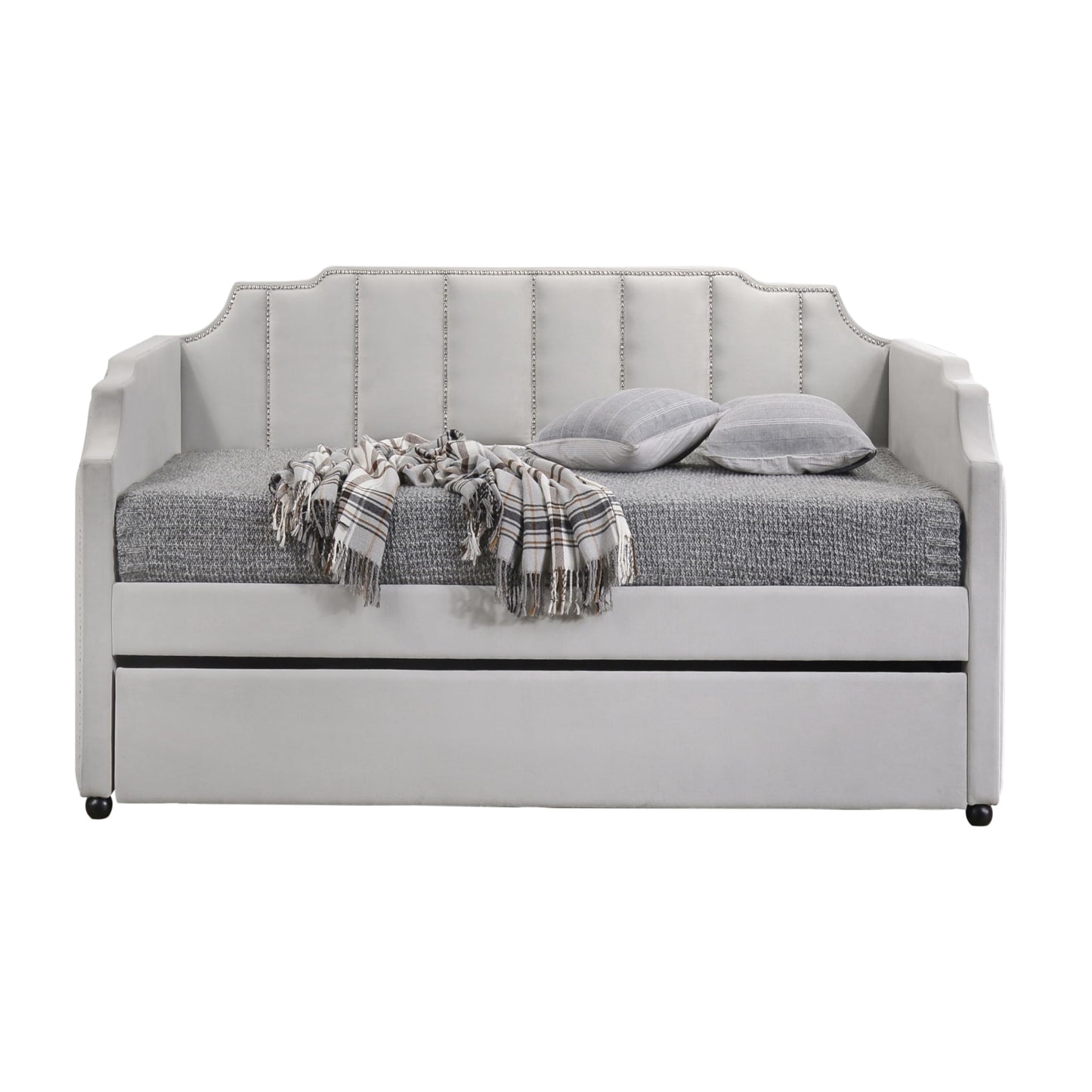 KOYVRY Twin Daybed with Trundle - Upholstered Twin Daybed with Horizontal Tufting and Nailhead Trim, Velvet Daybed with Arched Frame and 28 Wooden Slats, Twin Day Beds for Adults, Gray