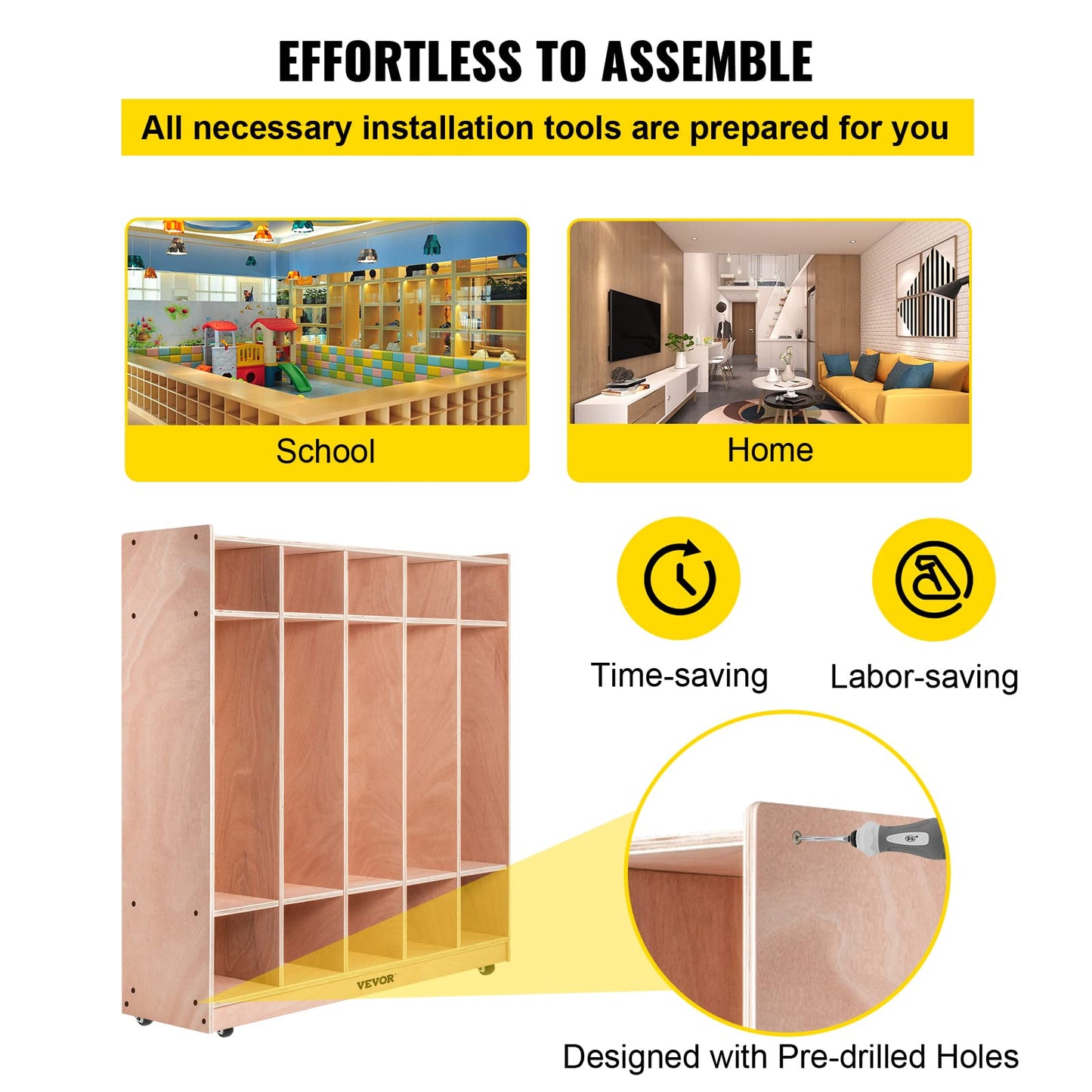 Happybuy 5-Section School Storage Locker, Wooden Storage Cabinet with 4 Casters, Classroom Cubbies for Storage, 15mm Thick Plywood Locker for Home, Office, School,Gym, Kindergarten