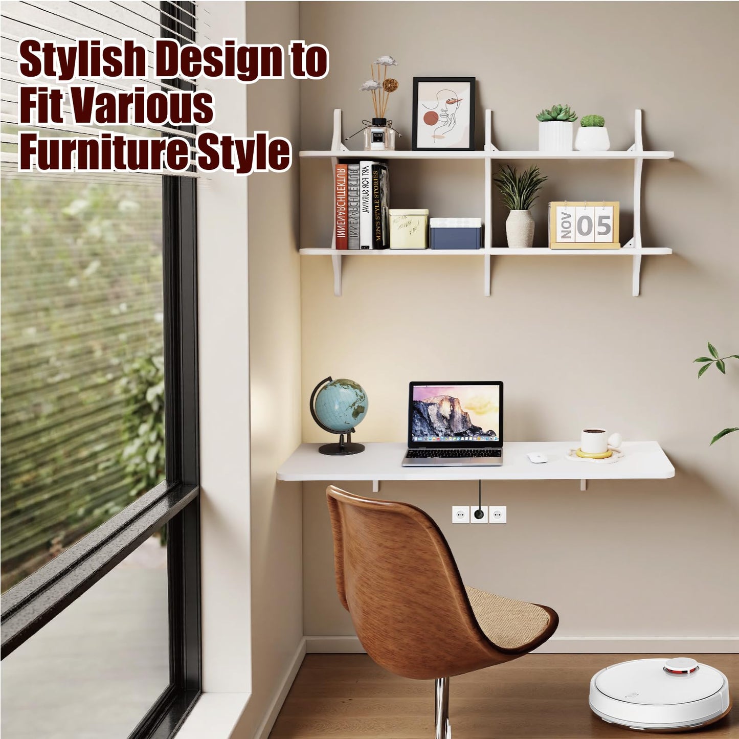 Pmnianhua Wall Mounted Folding Table, 47'' Floating Laptop Desk with Shelves, Foldable Drop Leaf Table, Wall Mount Fold Down Table for Laundry Room Kitchen Bar Home Office Small Space(White)