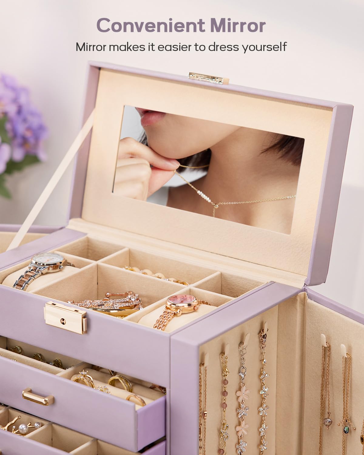 Homde Synthetic Leather Huge Jewelry Box Mirrored Watch Organizer Necklace Ring Earring Storage Lockable Gift Case (Grey Purple + Gold)
