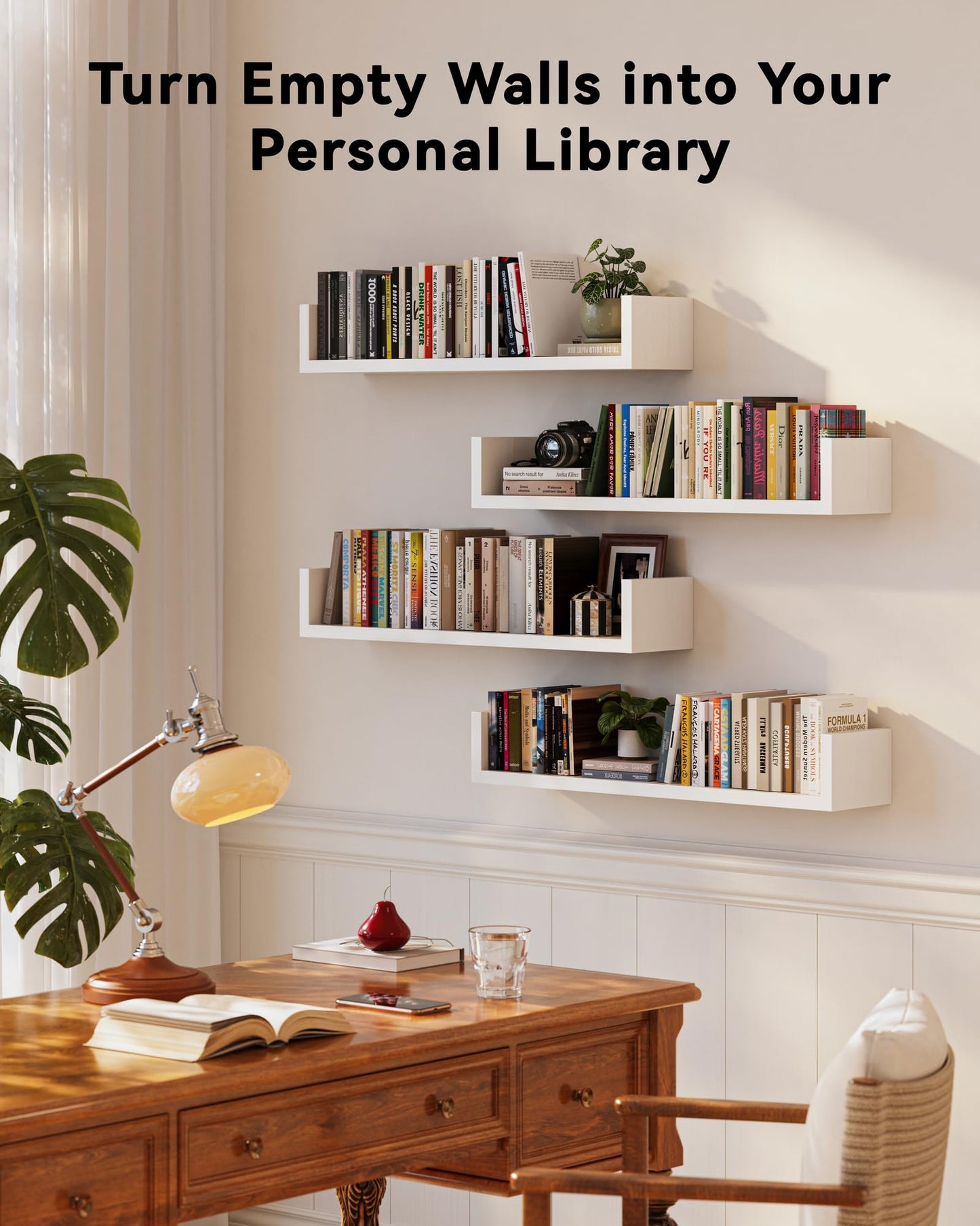 Floating Bookshelves for Wall - Wall Mounted Bookshelf Set of 4, U-Shaped Hanging Bookshelf for Bedroom, Living Room & Office, Wall Book Shelf for Home Decor & Storage (4, White, 23.63 Inches)