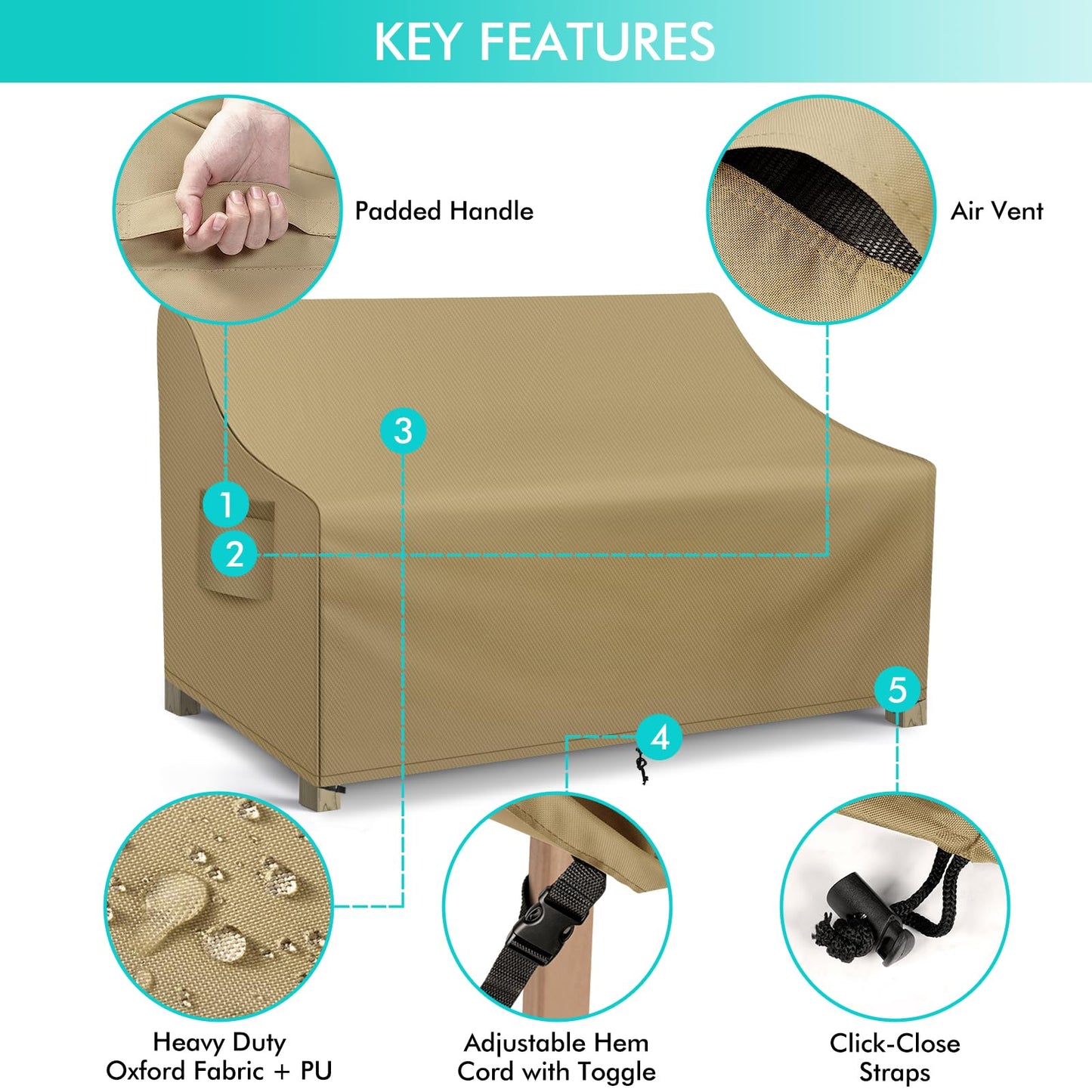 WLEAFJ Patio Sofa Cover Waterproof, Outdoor Loveseat Cover, Heavy Duty Deep Lounge Loveseat Cover, Large Lawn Patio Furniture Covers with Air Vent, 70’’ W x 38’’ D x 31’’ H, Khaki