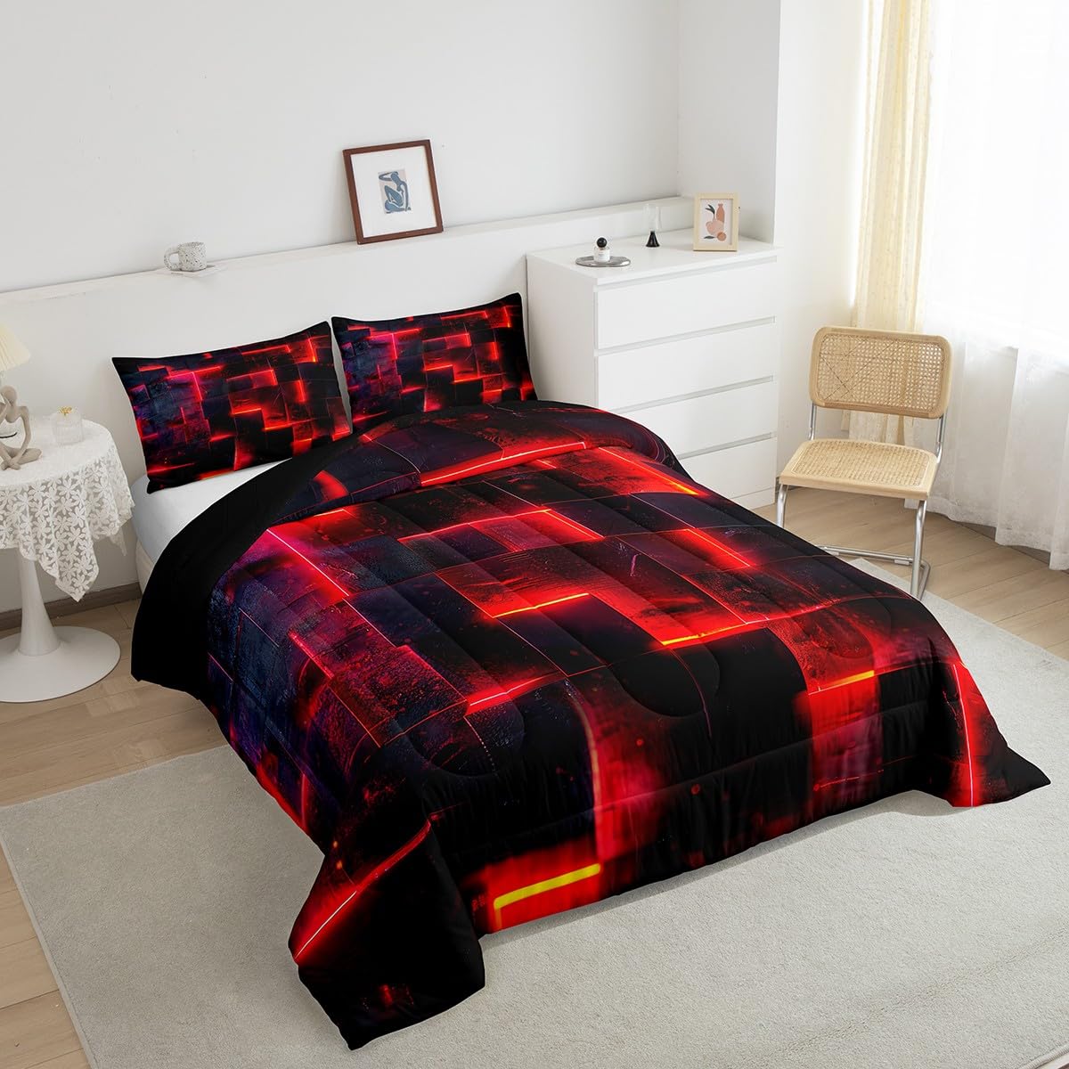 Erosebridal Black and Red Comforter Set Twin Modern Abstract Twin Bedding, 3D Glowing Plaid Bedding Comforter Sets Gradient Grid Duvet, Neon Square Quilted Comforter 2pcs (Black Reversible)