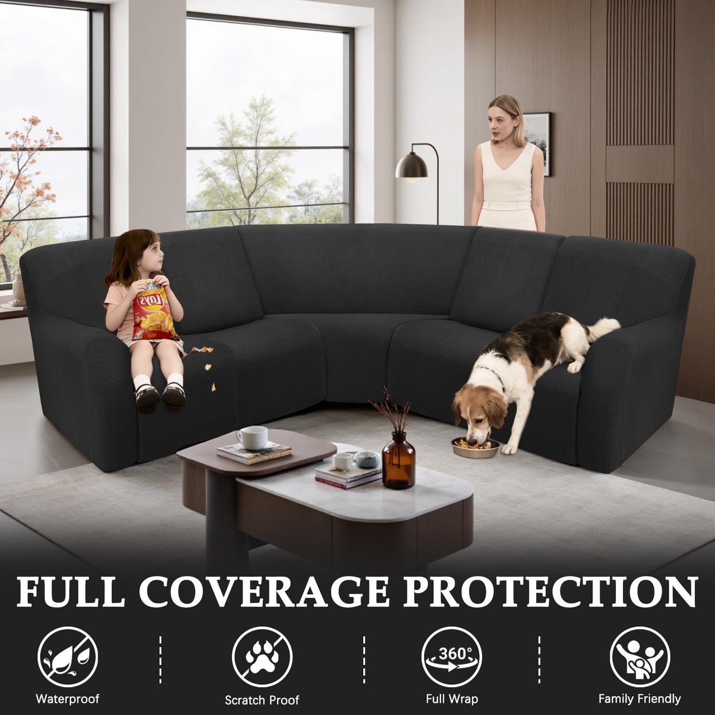 ROFASVCO Reclining Sectional Couch Covers L Shape Waterproof Washable Recliner Sofa Cover for L Shaped Sectional Super Stretch Corner Recliner Slipcovers (5 Seater Cover, Dark Black)